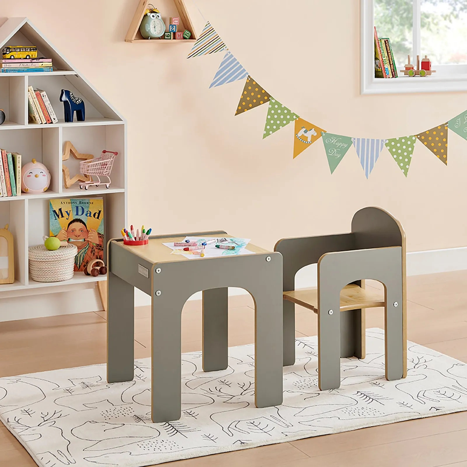 Kinder Little Helper Holztisch und Stuhl für Kleinkinder für Kunst, Handwerk und Essen | Grau/Natur