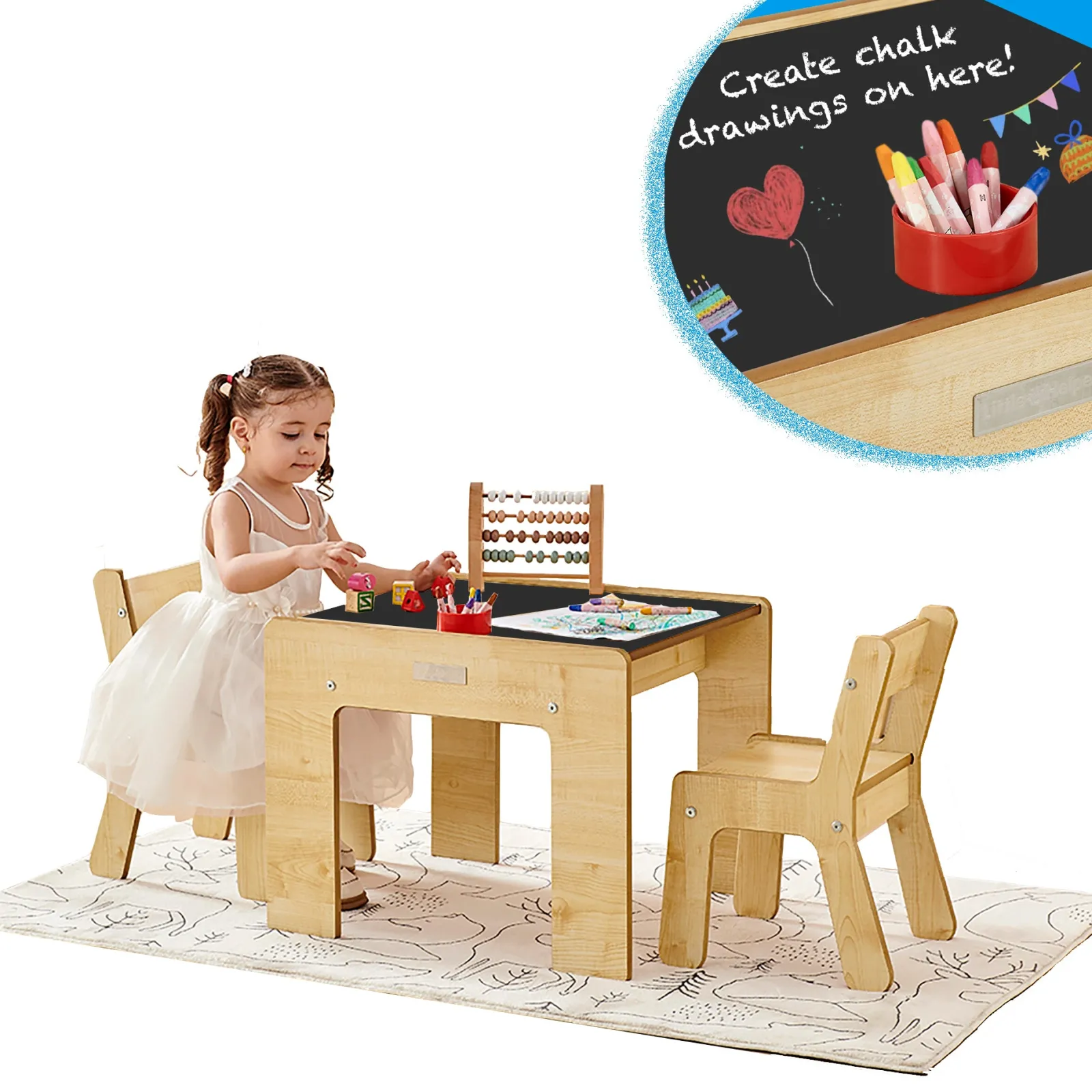 Kinder Little Helper Montessori Holz FunStation Duo Kindertisch & Stuhlset für 2 | Chalky