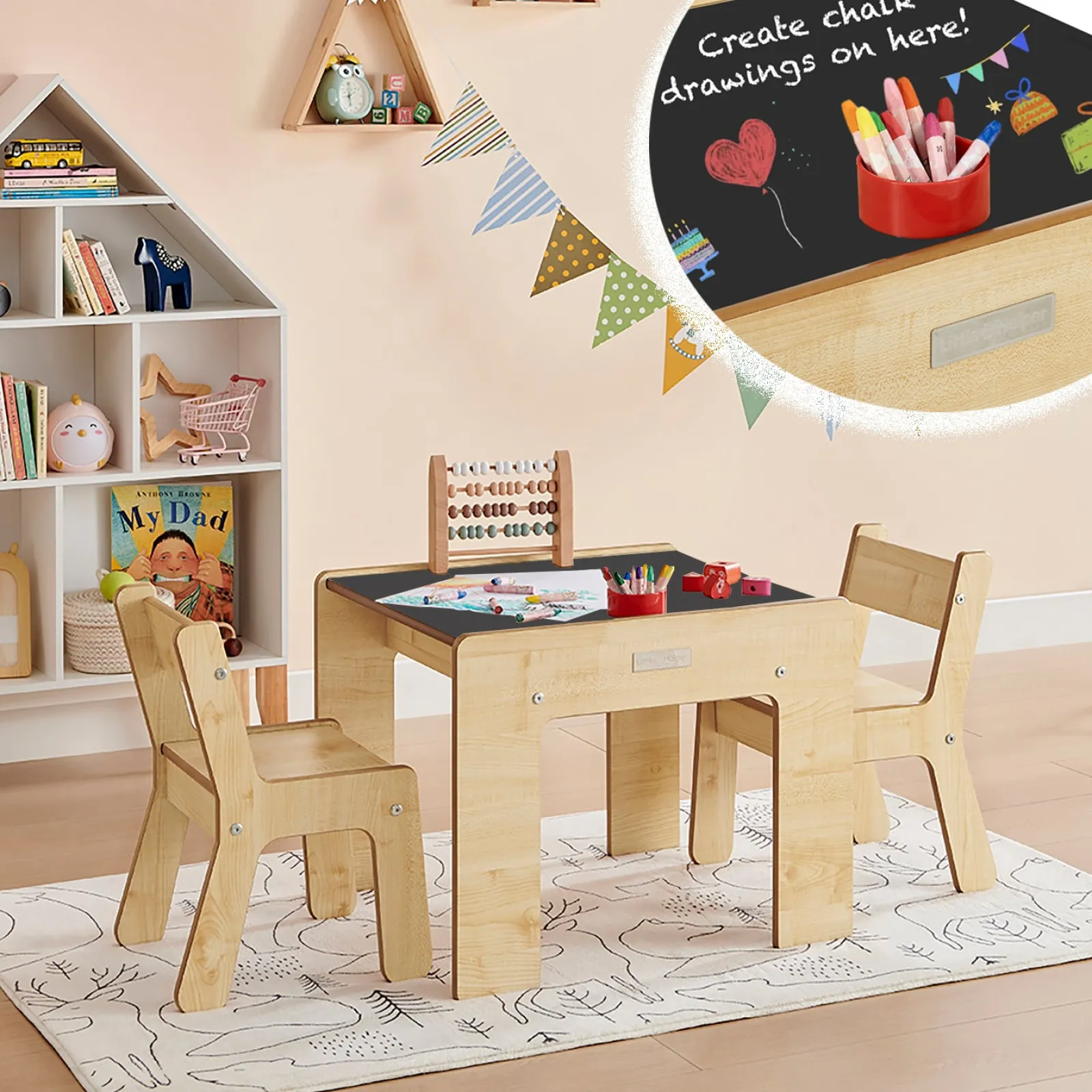 Kinder Little Helper Montessori Holz FunStation Duo Kindertisch & Stuhlset für 2 | Chalky