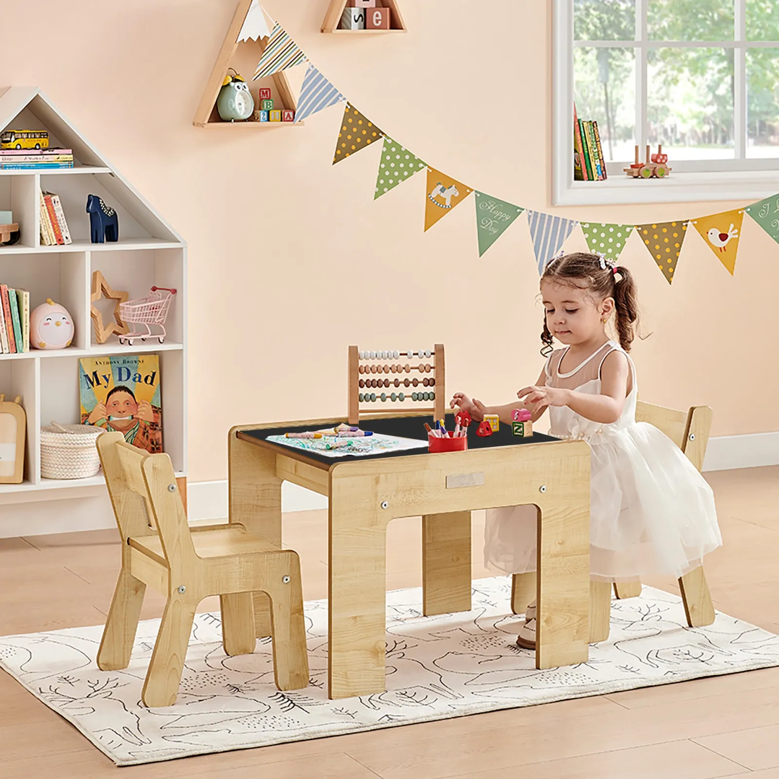 Kinder Little Helper Montessori Holz FunStation Duo Kindertisch & Stuhlset für 2 | Chalky