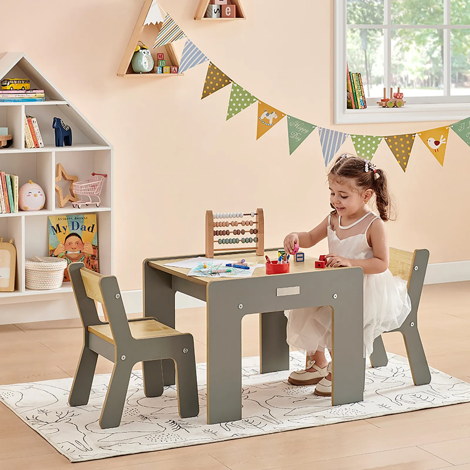 Kinder Little Helper Montessori Holz FunStation Duo Kindertisch und Stühle Set für 2 | Grau