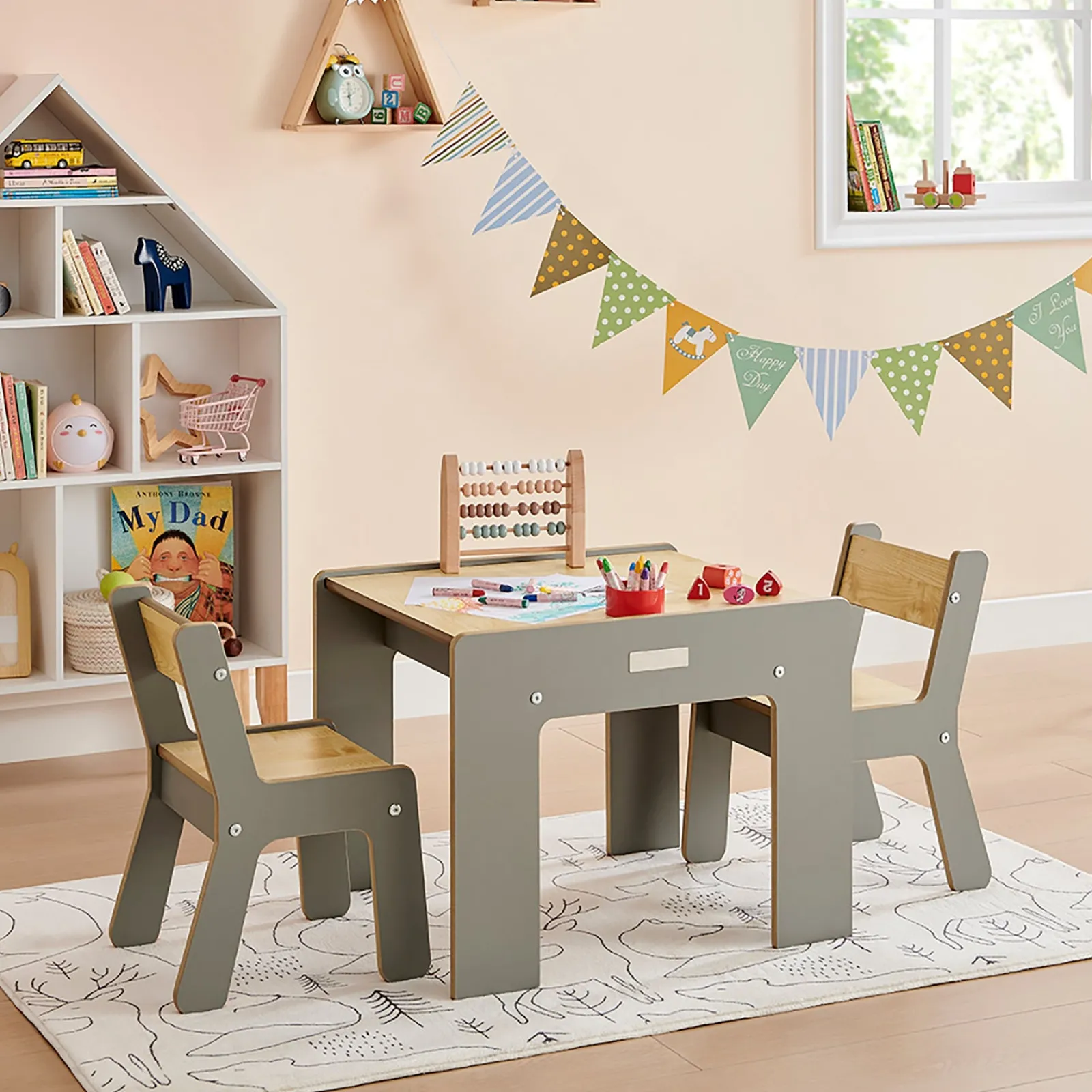 Kinder Little Helper Montessori Holz FunStation Duo Kindertisch und Stühle Set für 2 | Grau
