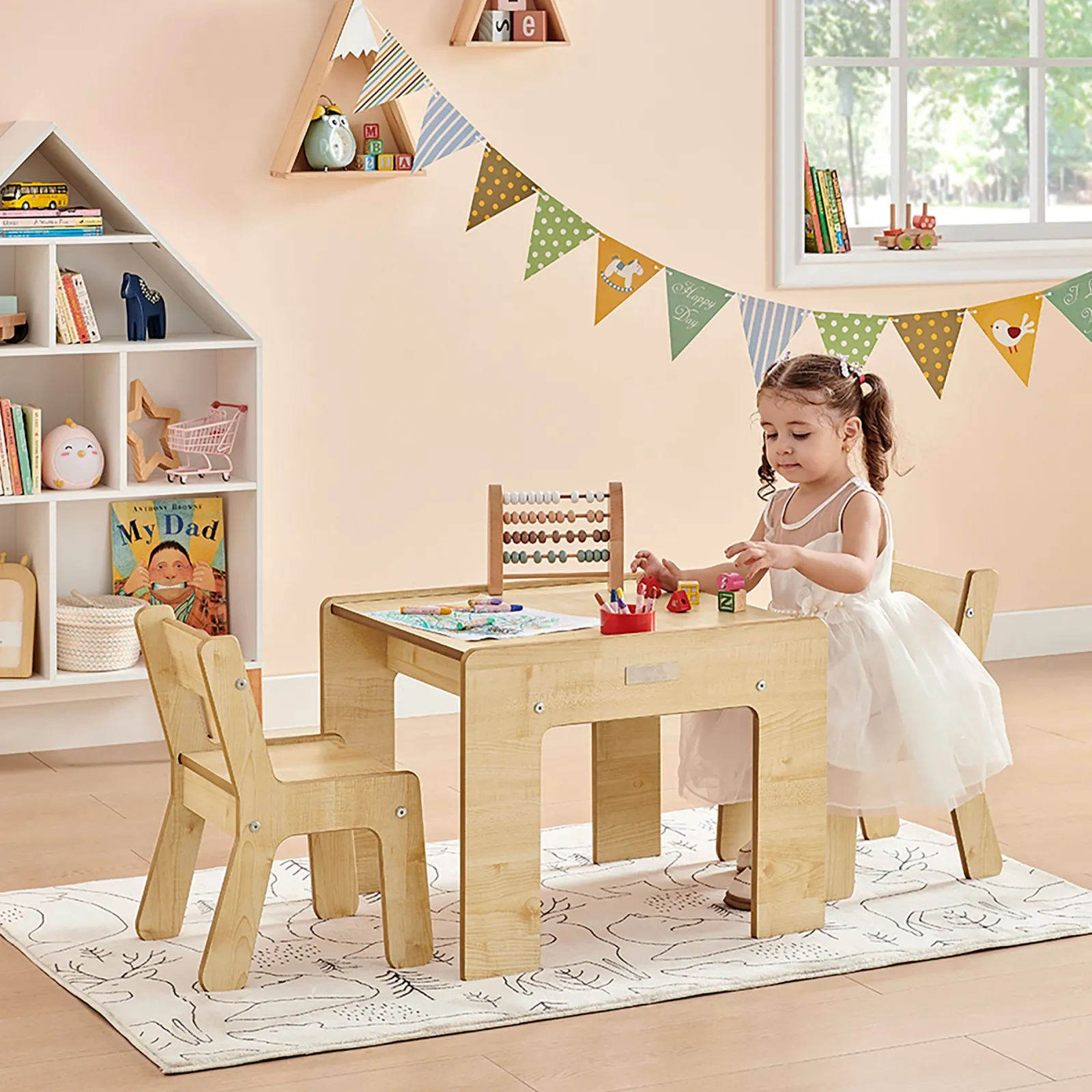 Kinder Little Helper Montessori Holz FunStation Duo Kindertisch und Stühle Set für 2 | Natürlich
