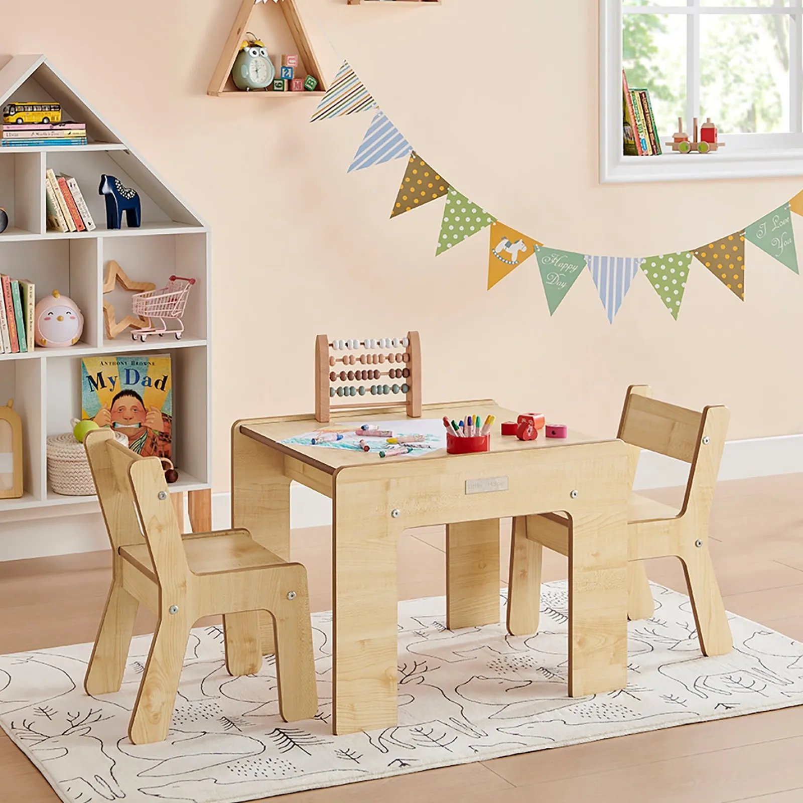 Kinder Little Helper Montessori Holz FunStation Duo Kindertisch und Stühle Set für 2 | Natürlich