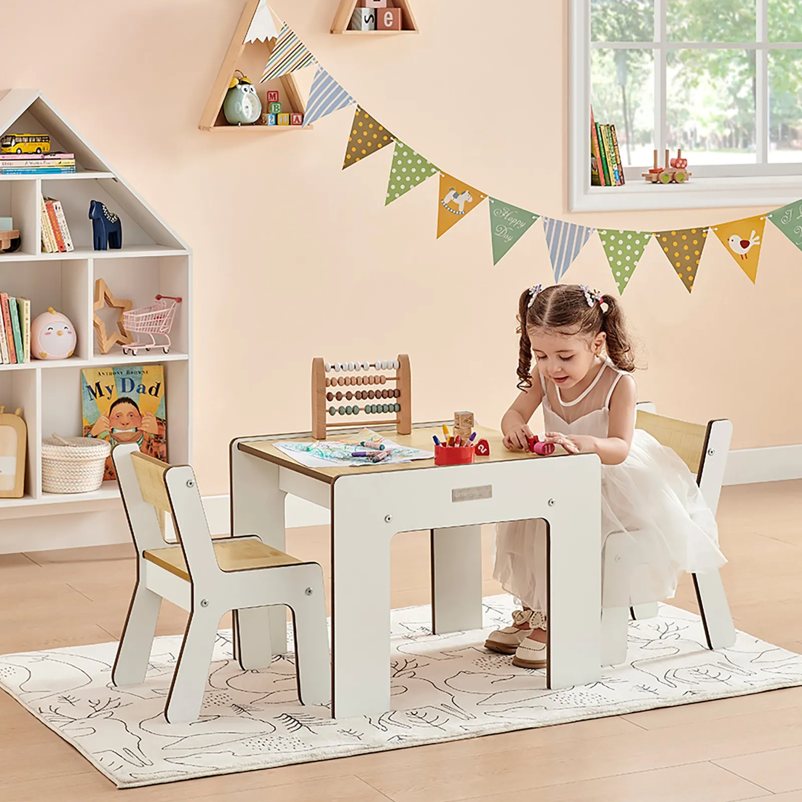 Kinder Little Helper Montessori Holz FunStation Duo Kindertisch und Stühle Set für 2 | Weiß/Natur