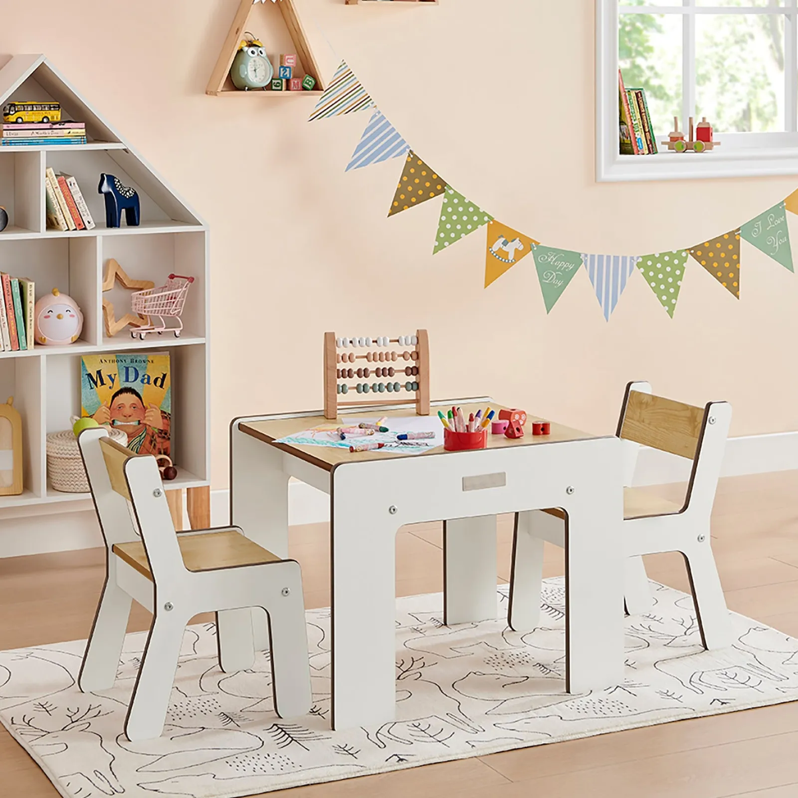 Kinder Little Helper Montessori Holz FunStation Duo Kindertisch und Stühle Set für 2 | Weiß/Natur