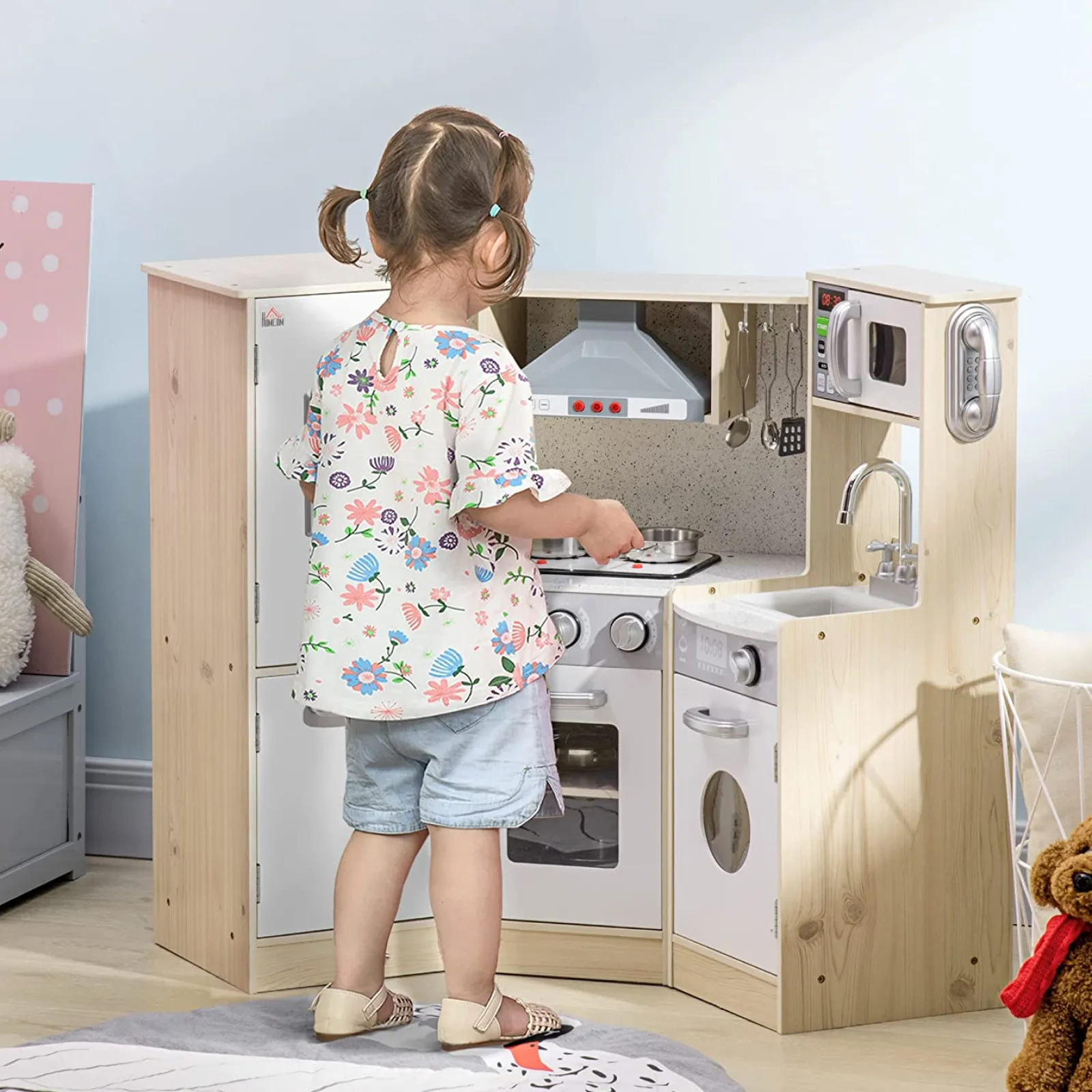 Little Helper Luxuriöse Montessori-Spielküche Aus Holz | Wasserspender | Telefon | Dunstabzugshaube | Realistische Geräusche Und Funktionen