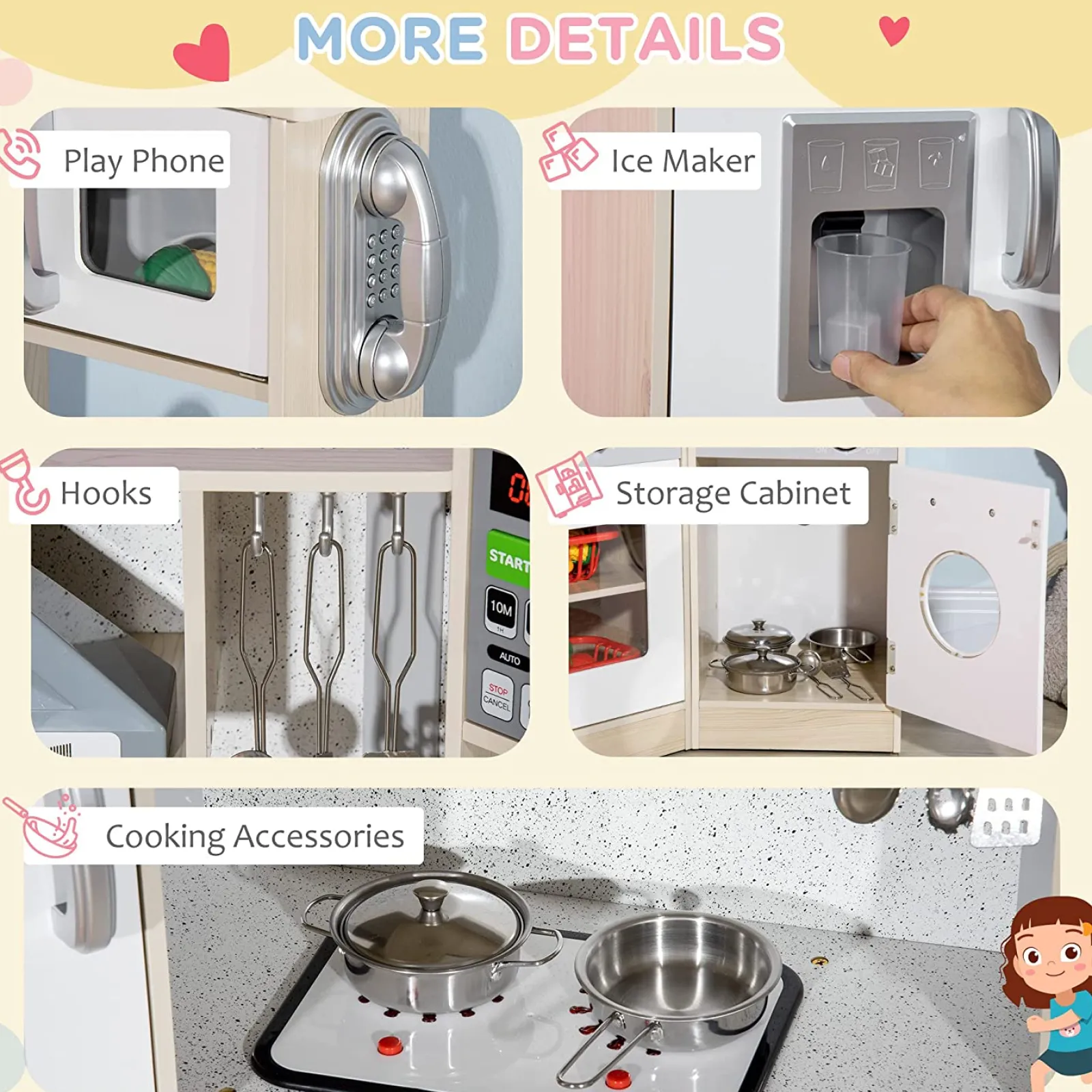Little Helper Luxuriöse Montessori-Spielküche Aus Holz | Wasserspender | Telefon | Dunstabzugshaube | Realistische Geräusche Und Funktionen