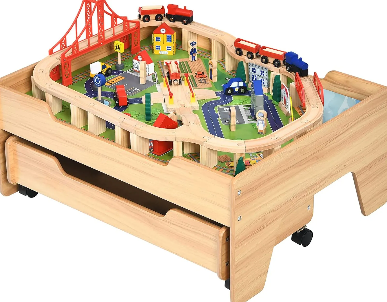 Kinder Little Helper Luxuriöses Montessori-Eisenbahnset aus Buchenholz | 2-in-1-Eisenbahntisch aus Holz | 100-teiliges Eisenbahnset