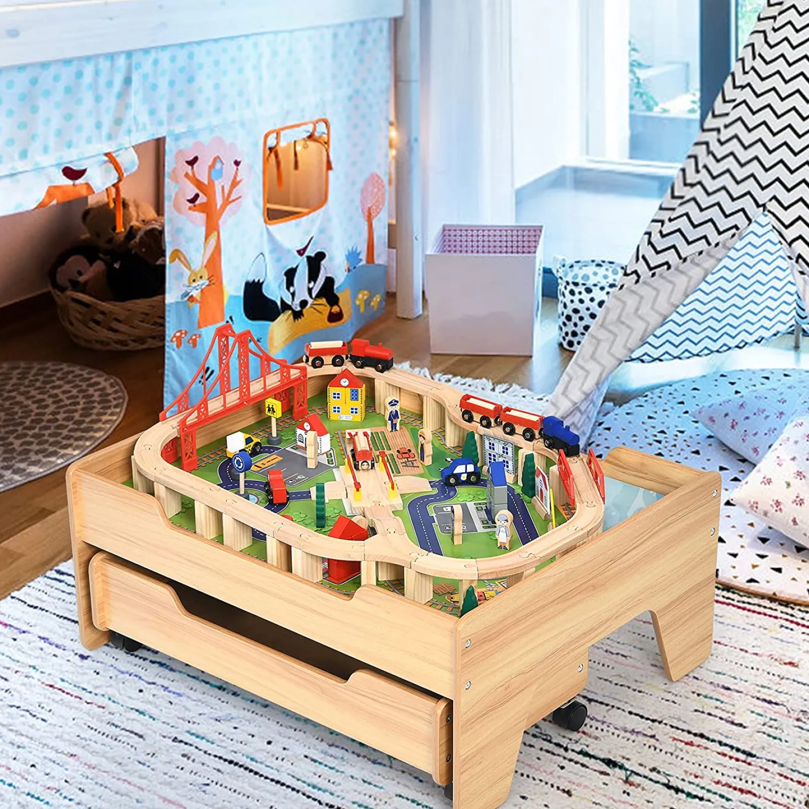 Kinder Little Helper Luxuriöses Montessori-Eisenbahnset aus Buchenholz | 2-in-1-Eisenbahntisch aus Holz | 100-teiliges Eisenbahnset