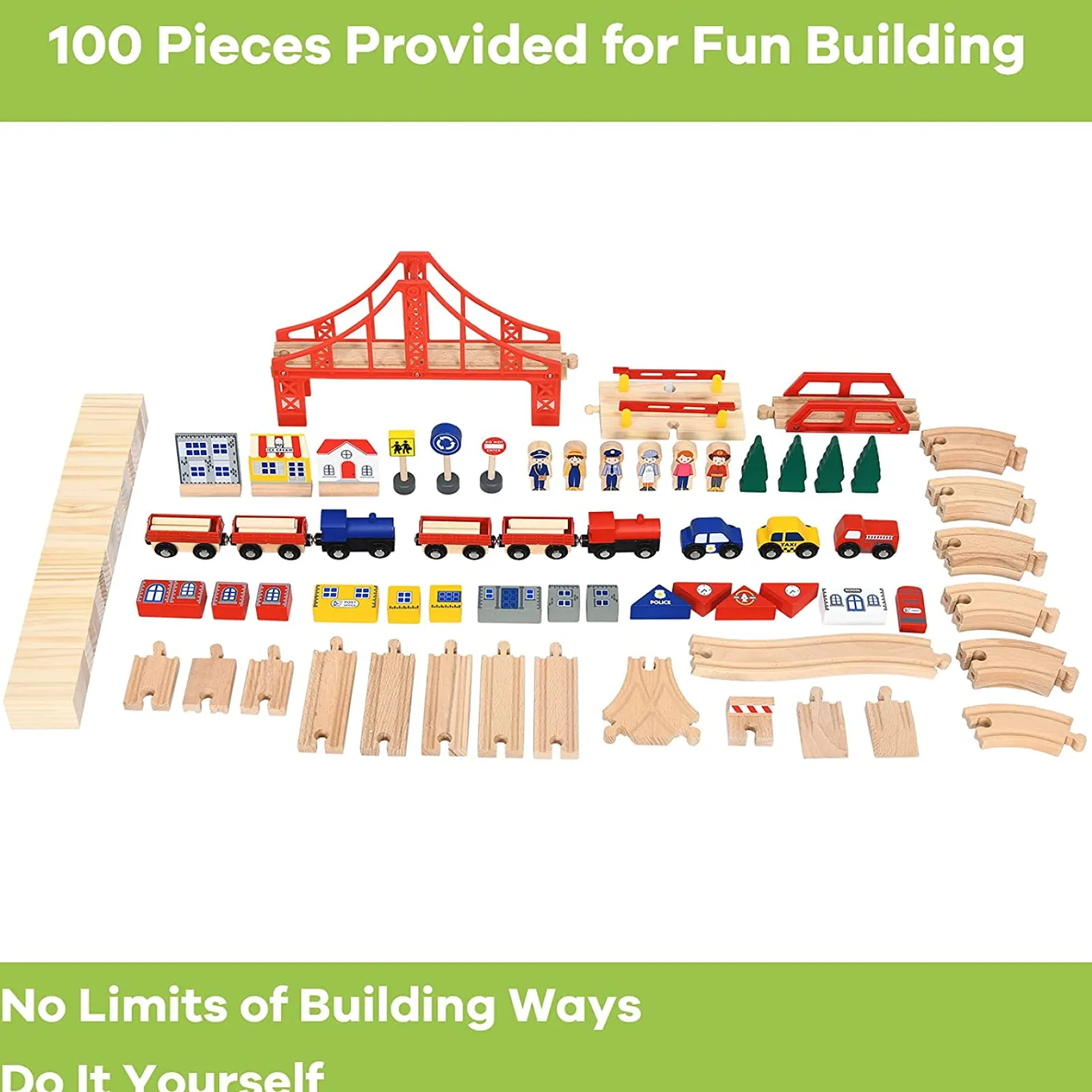 Kinder Little Helper Luxuriöses Montessori-Eisenbahnset aus Buchenholz | 2-in-1-Eisenbahntisch aus Holz | 100-teiliges Eisenbahnset