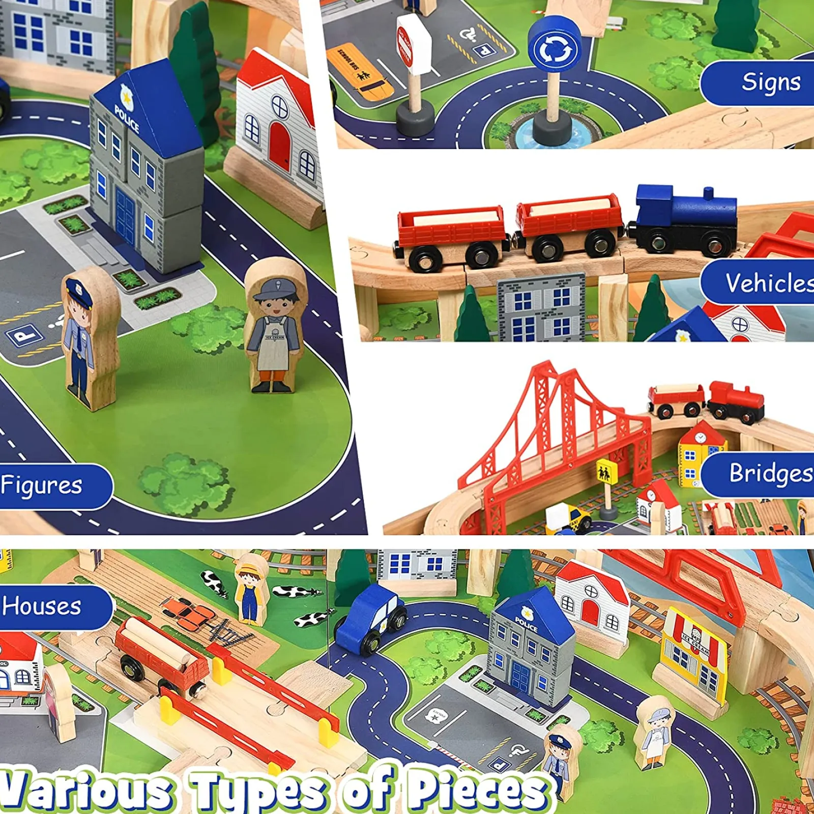 Kinder Little Helper Luxuriöses Montessori-Eisenbahnset aus Buchenholz | 2-in-1-Eisenbahntisch aus Holz | 100-teiliges Eisenbahnset