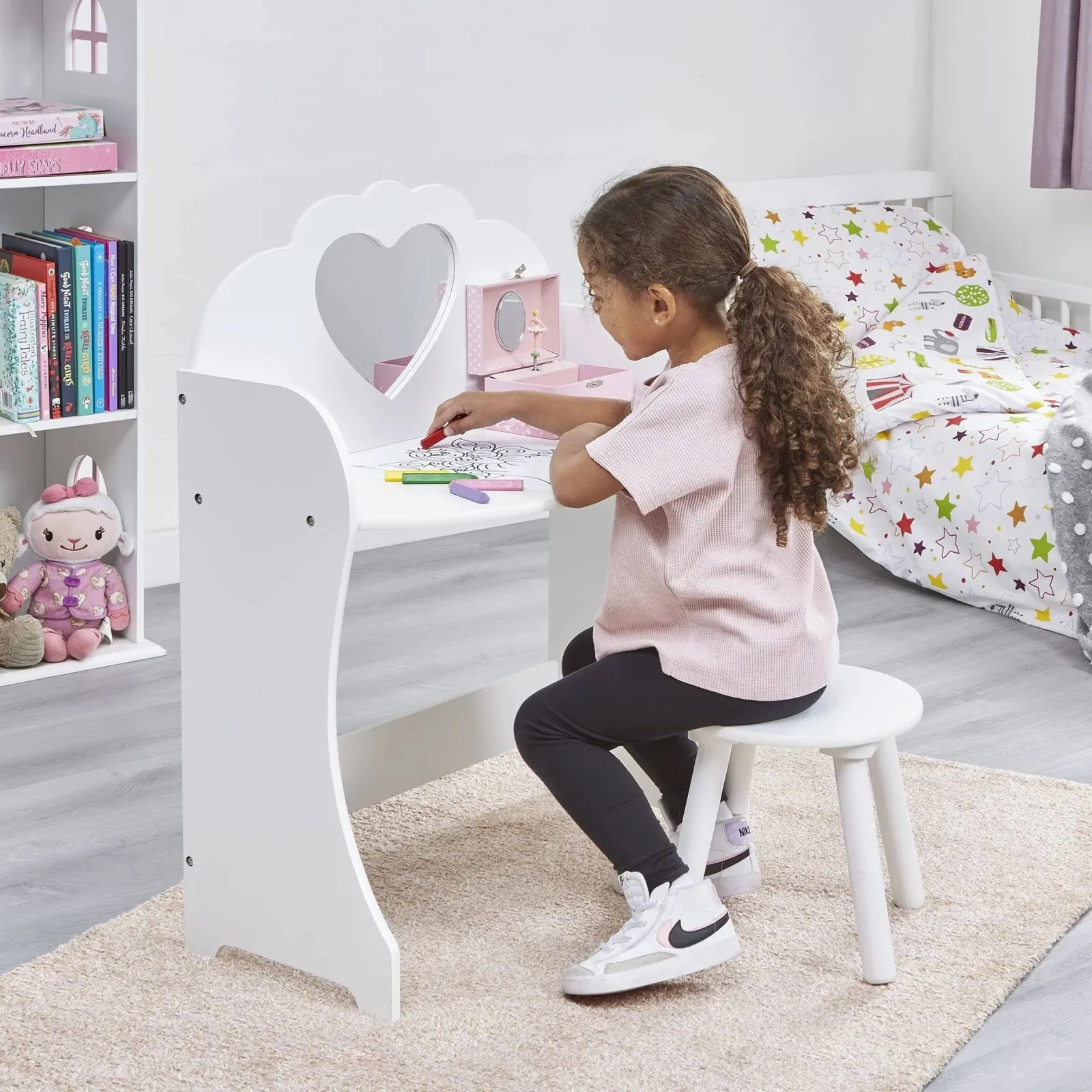Kinder Little Helper Mädchen | Frisiertisch für Kinder | Schminktisch mit Schreibtisch und Hocker | Massives weißes Holz