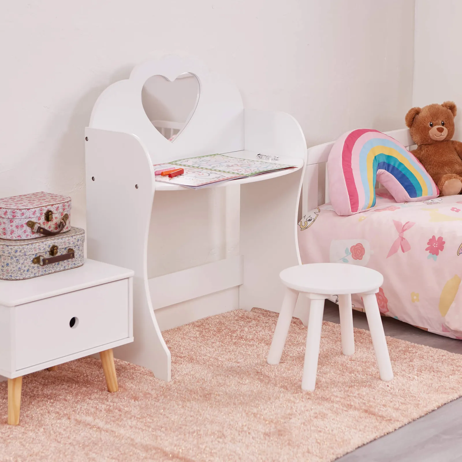Kinder Little Helper Mädchen | Frisiertisch für Kinder | Schminktisch mit Schreibtisch und Hocker | Massives weißes Holz