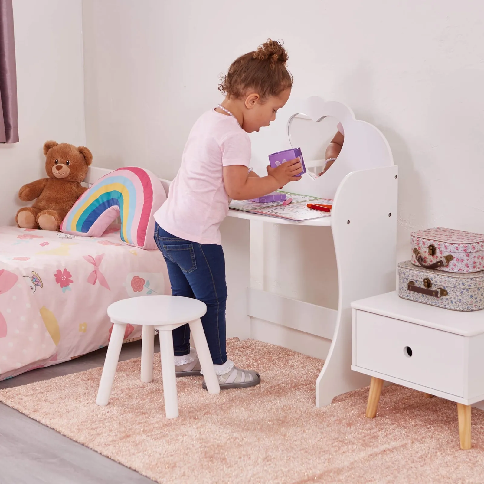 Kinder Little Helper Mädchen | Frisiertisch für Kinder | Schminktisch mit Schreibtisch und Hocker | Massives weißes Holz