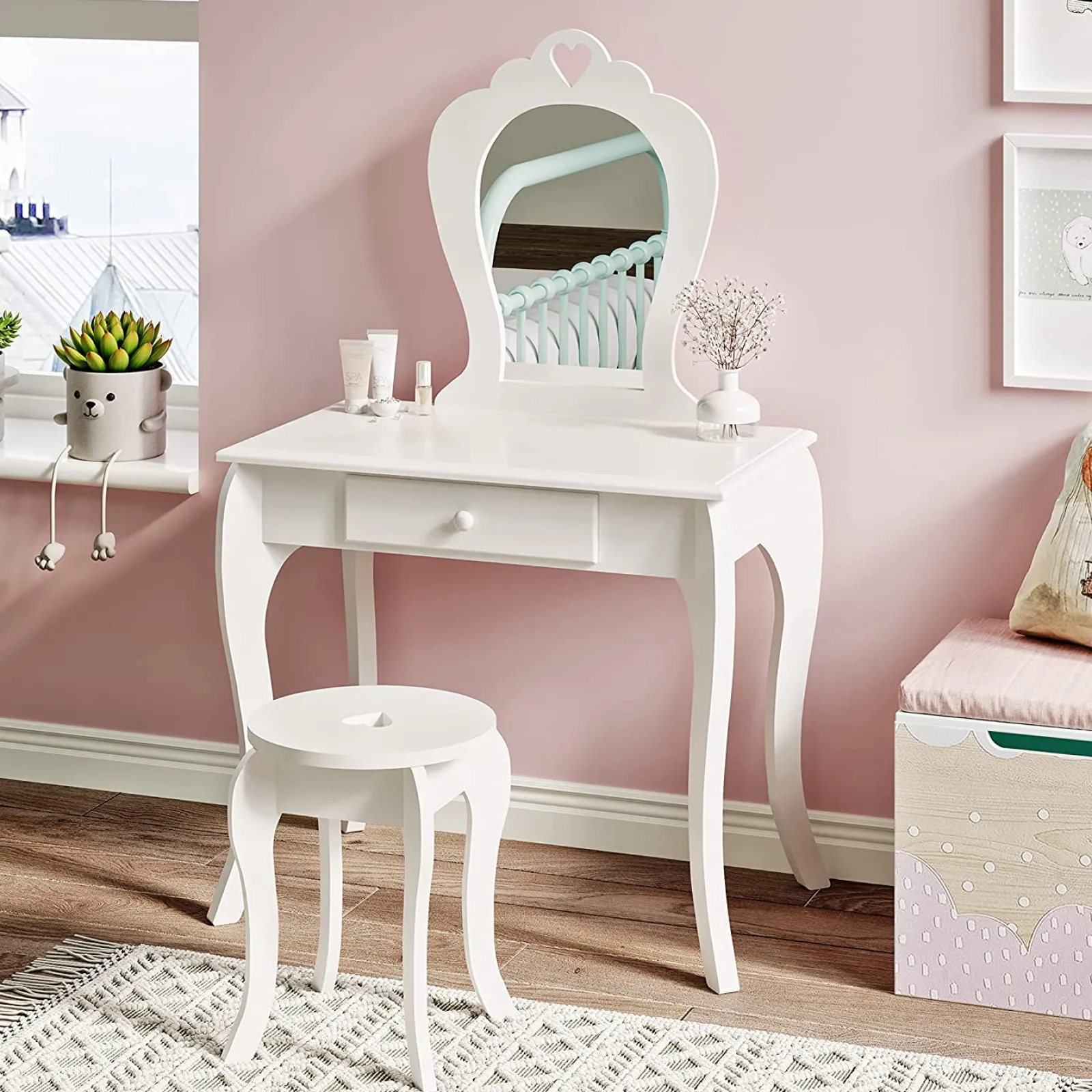 Kinder Little Helper Mädchen-Prinzessin-Schminktisch und Hocker mit Spiegel und Schubladen | Schminktisch für Kinder | Weiß oder Rosa | 3-8 Jahre