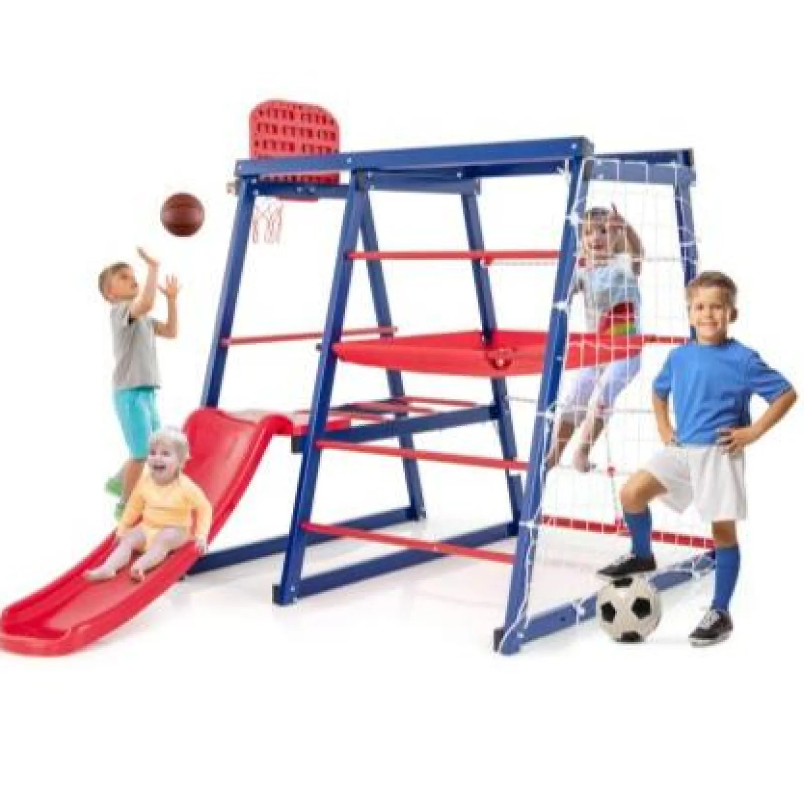 Kinder Little Helper Mehrzweck-7-in-1-Montessori-Kletterhalle mit Rutsche für den Innen- und Außenbereich, rostfrei | Basketballkorb