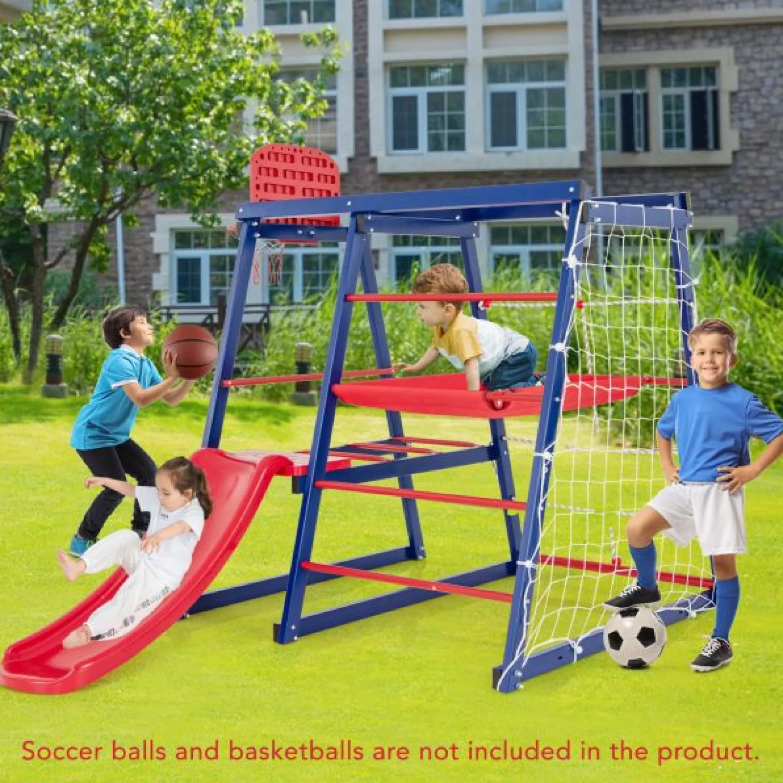 Kinder Little Helper Mehrzweck-7-in-1-Montessori-Kletterhalle mit Rutsche für den Innen- und Außenbereich, rostfrei | Basketballkorb
