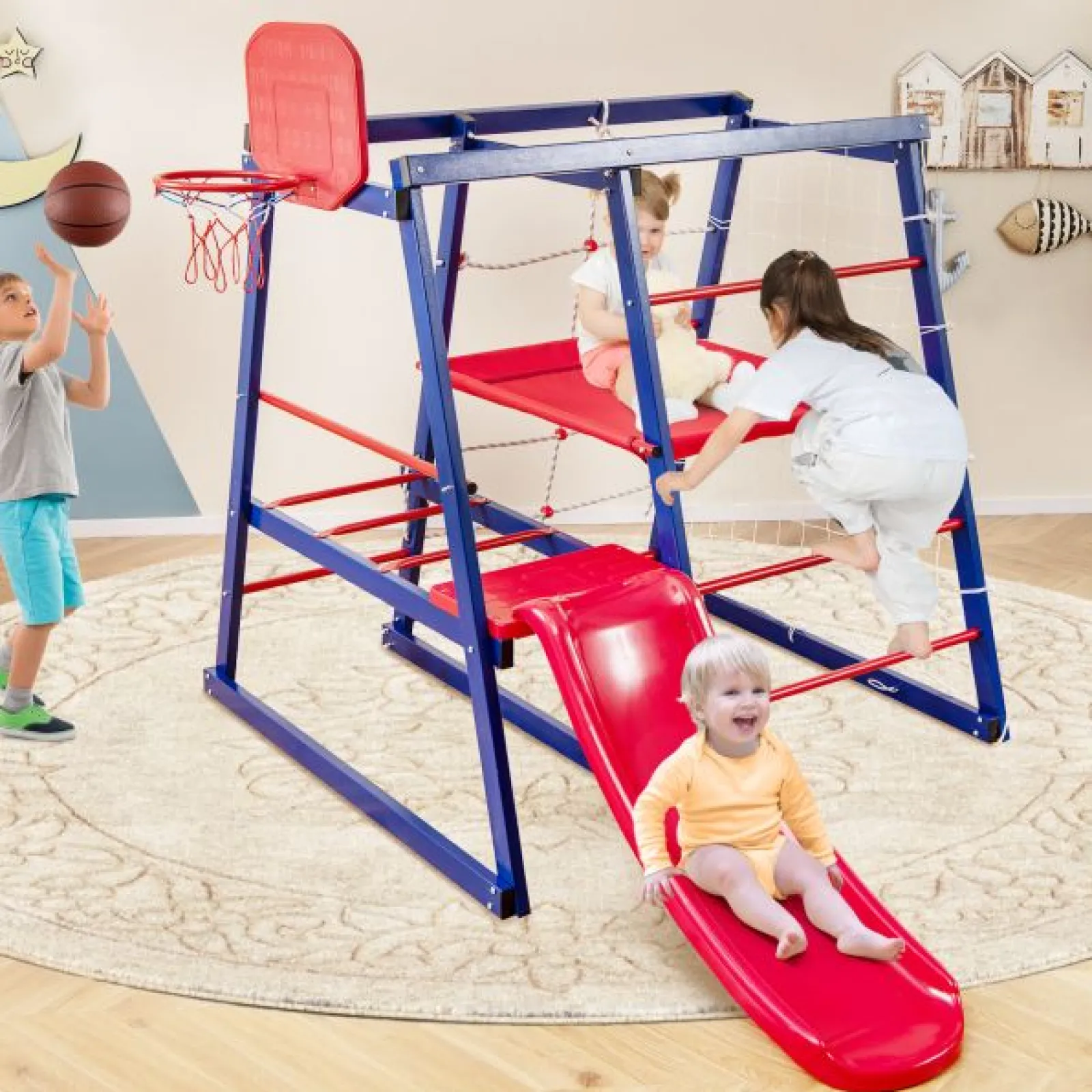 Kinder Little Helper Mehrzweck-7-in-1-Montessori-Kletterhalle mit Rutsche für den Innen- und Außenbereich, rostfrei | Basketballkorb