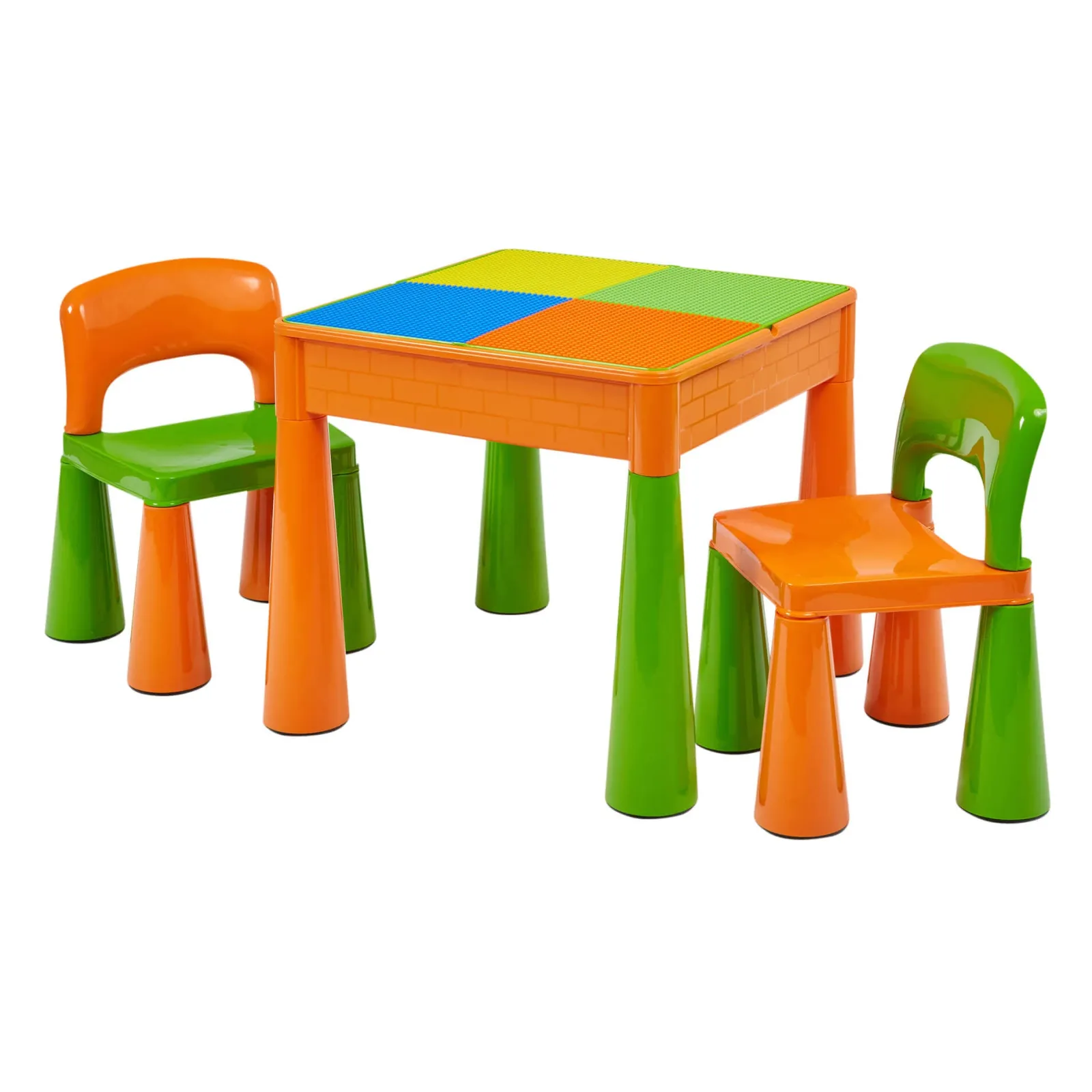 Kinder Little Helper Mehrzweck-Set aus Kunststoff für drinnen und draußen mit Tisch und 2 Stühlen | Lego-Brett | Sand- und Wasserkasten | Orange und Grün