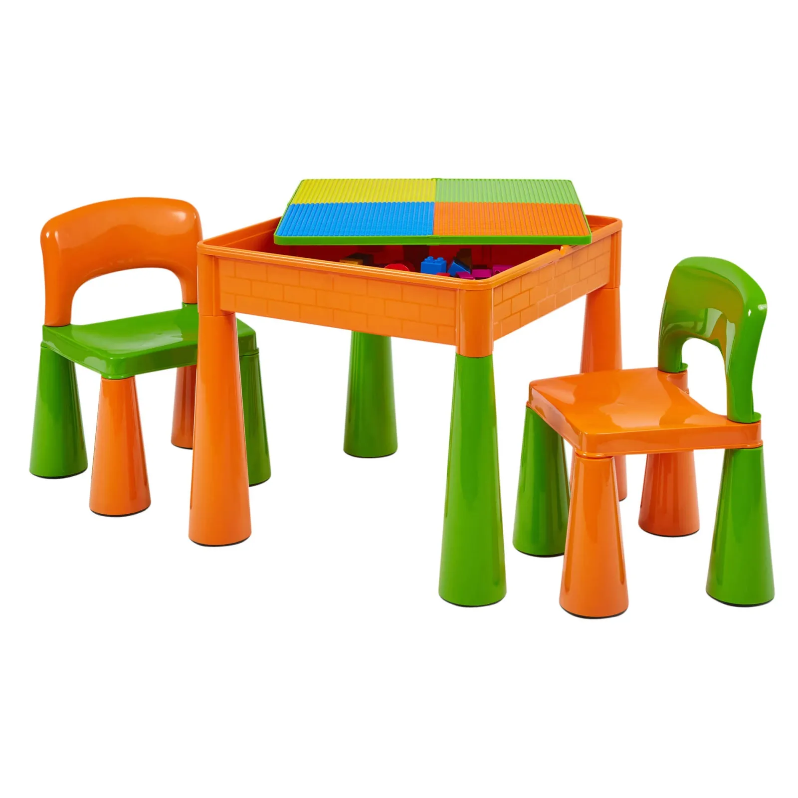 Kinder Little Helper Mehrzweck-Set aus Kunststoff für drinnen und draußen mit Tisch und 2 Stühlen | Lego-Brett | Sand- und Wasserkasten | Orange und Grün