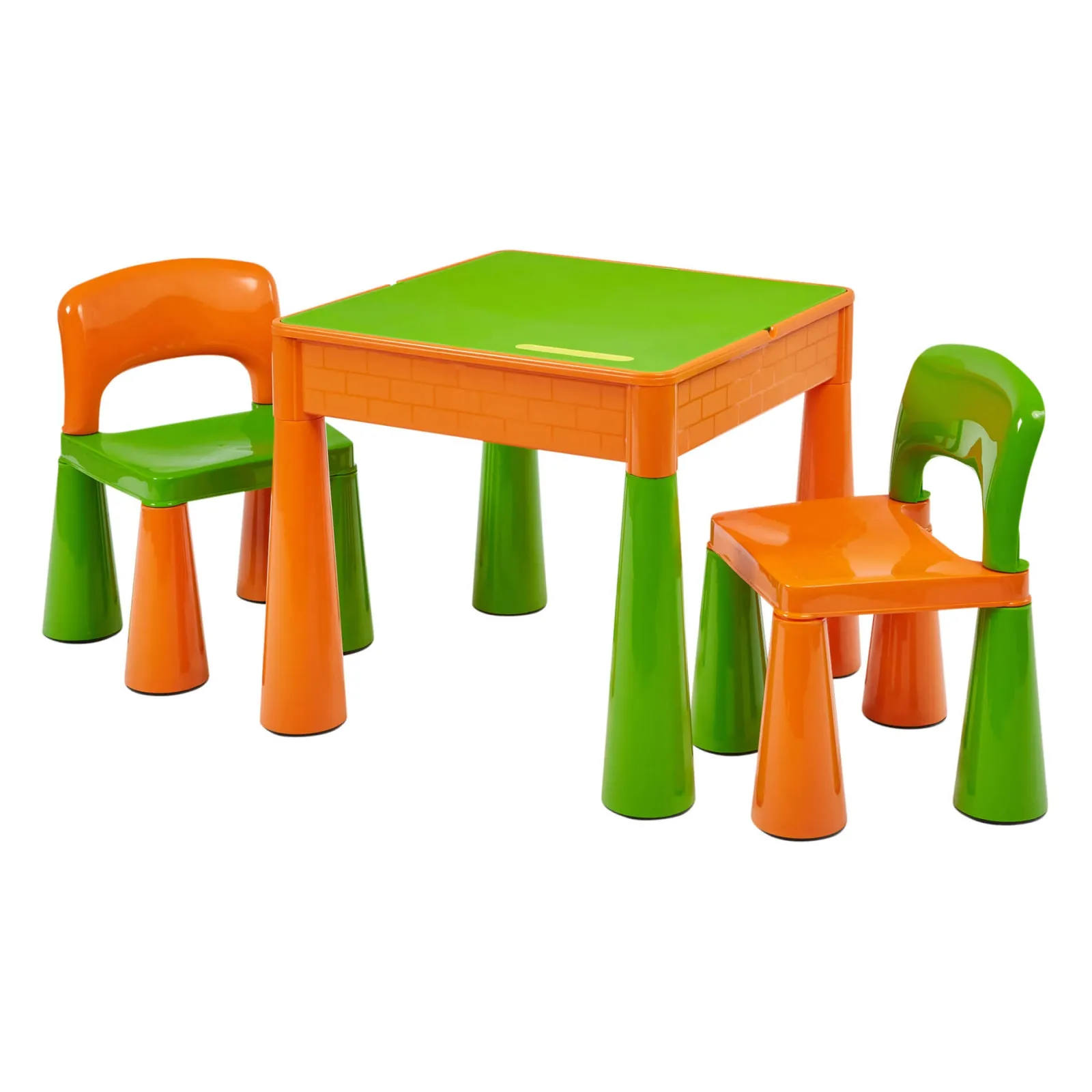 Kinder Little Helper Mehrzweck-Set aus Kunststoff für drinnen und draußen mit Tisch und 2 Stühlen | Lego-Brett | Sand- und Wasserkasten | Orange und Grün