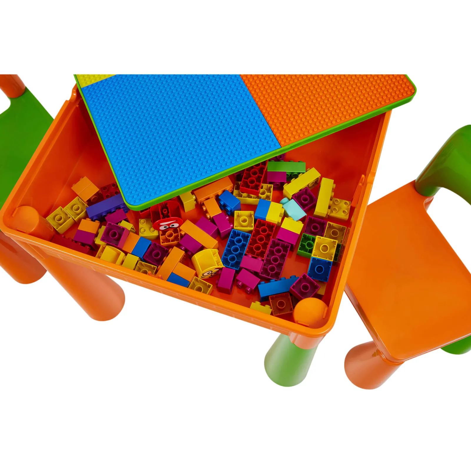 Kinder Little Helper Mehrzweck-Set aus Kunststoff für drinnen und draußen mit Tisch und 2 Stühlen | Lego-Brett | Sand- und Wasserkasten | Orange und Grün