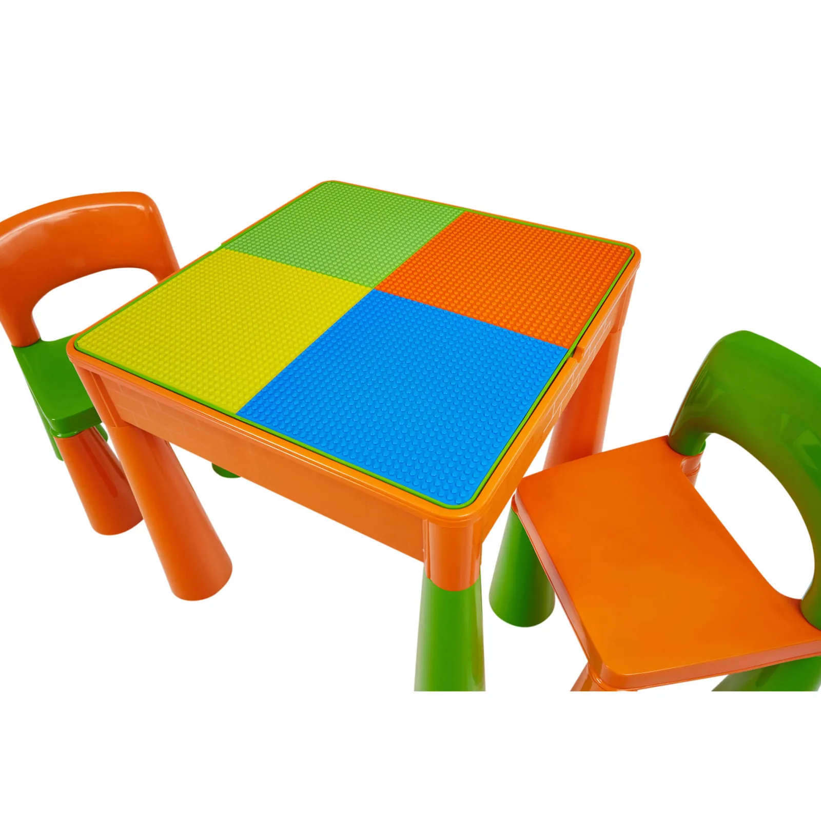 Kinder Little Helper Mehrzweck-Set aus Kunststoff für drinnen und draußen mit Tisch und 2 Stühlen | Lego-Brett | Sand- und Wasserkasten | Orange und Grün