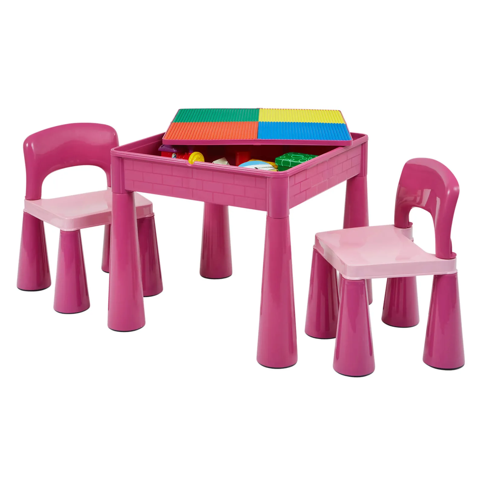 Kinder Little Helper Mehrzweck-Set aus Kunststoff für drinnen und draußen mit Tisch und 2 Stühlen | Lego-Brett | Sand- und Wasserkasten | Rosa