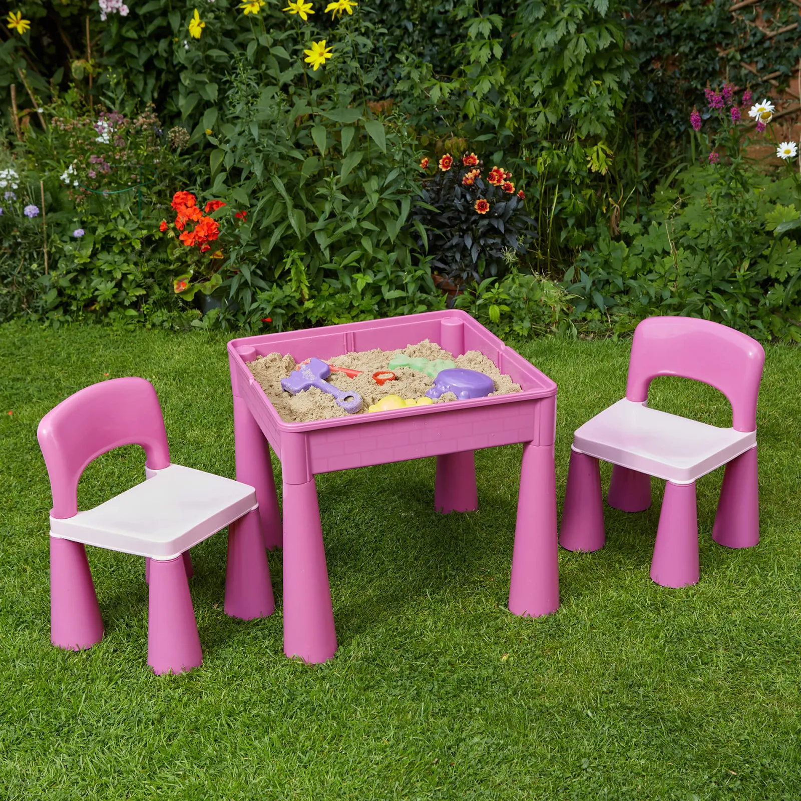 Kinder Little Helper Mehrzweck-Set aus Kunststoff für drinnen und draußen mit Tisch und 2 Stühlen | Lego-Brett | Sand- und Wasserkasten | Rosa