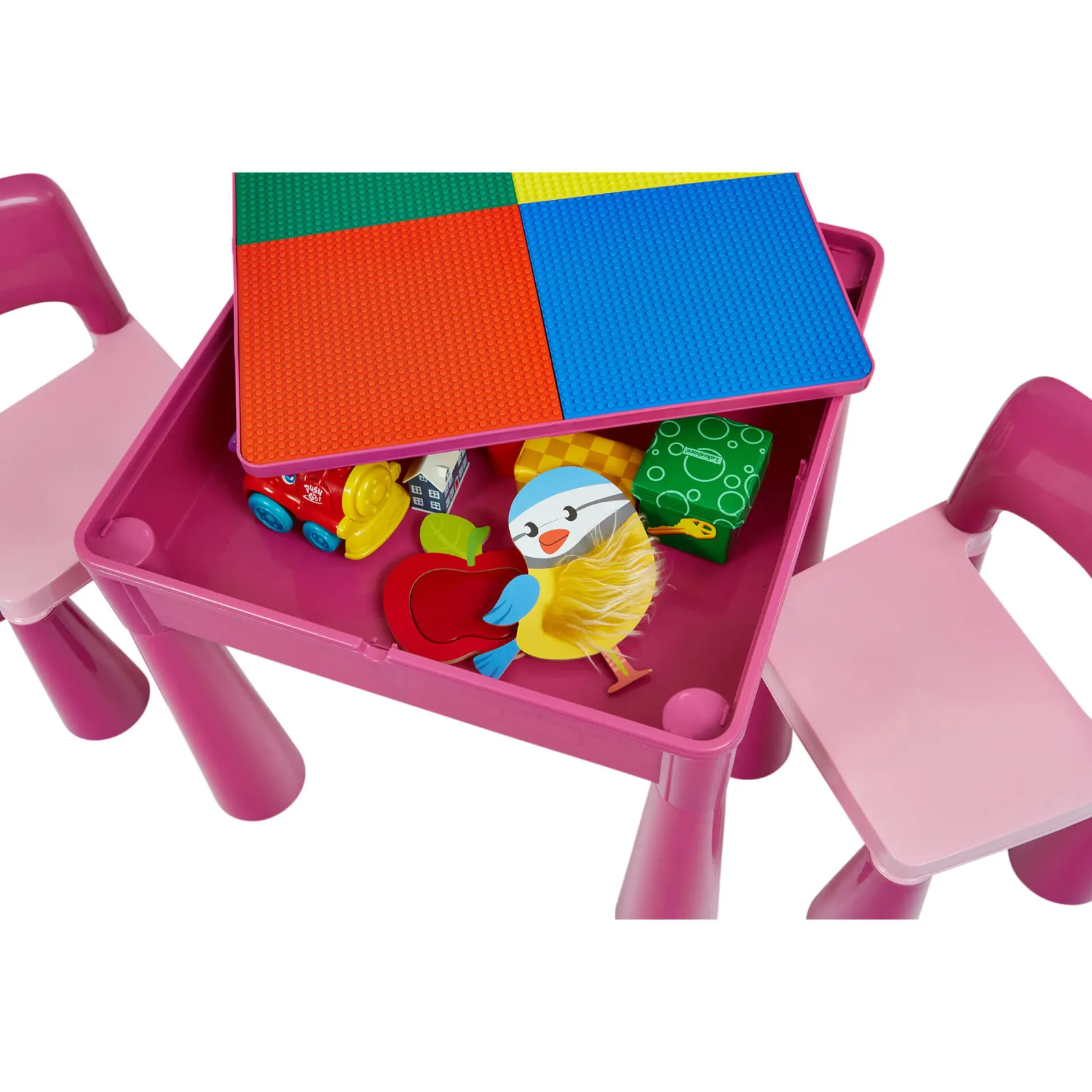 Kinder Little Helper Mehrzweck-Set aus Kunststoff für drinnen und draußen mit Tisch und 2 Stühlen | Lego-Brett | Sand- und Wasserkasten | Rosa