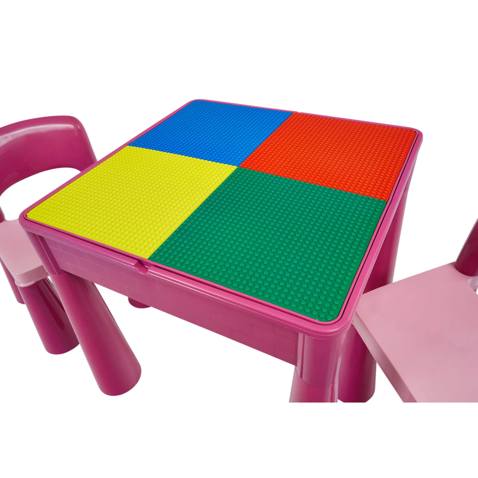 Kinder Little Helper Mehrzweck-Set aus Kunststoff für drinnen und draußen mit Tisch und 2 Stühlen | Lego-Brett | Sand- und Wasserkasten | Rosa