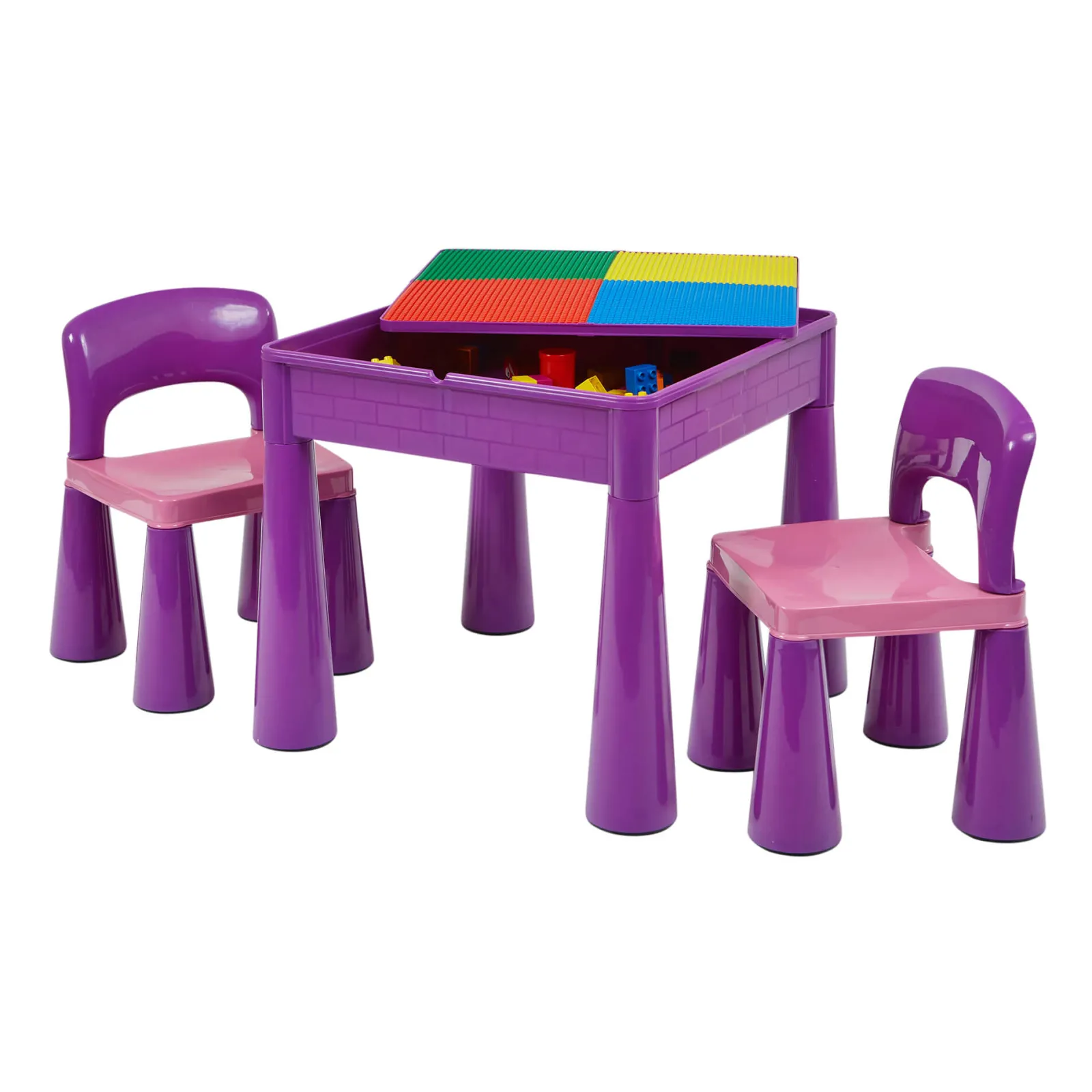 Kinder Little Helper Mehrzweck-Set aus Kunststoff für drinnen und draußen mit Tisch und 2 Stühlen | Lego-Brett | Sand- und Wasserkasten | Violett
