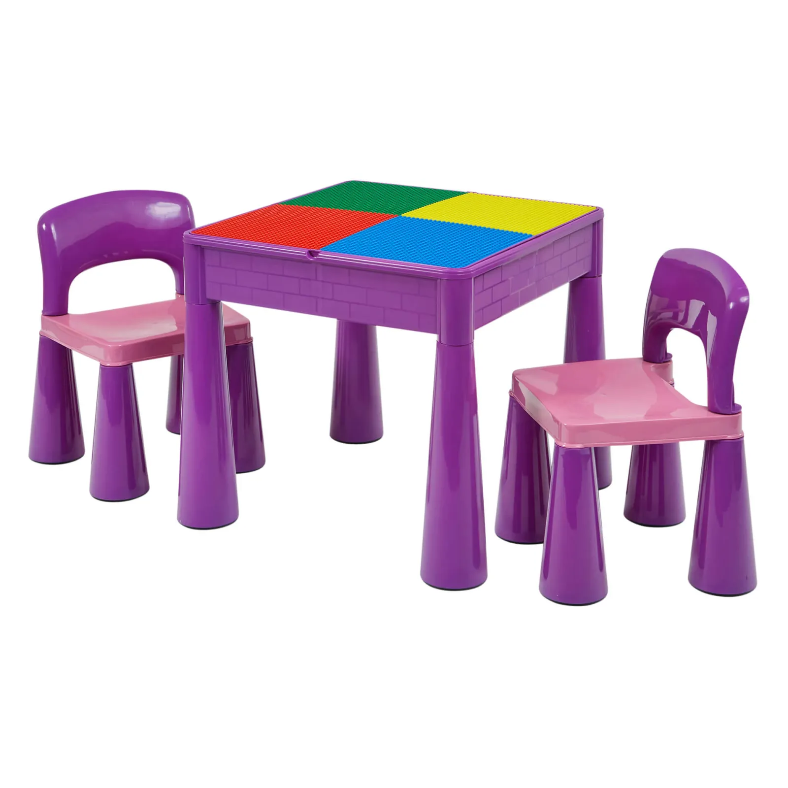 Kinder Little Helper Mehrzweck-Set aus Kunststoff für drinnen und draußen mit Tisch und 2 Stühlen | Lego-Brett | Sand- und Wasserkasten | Violett