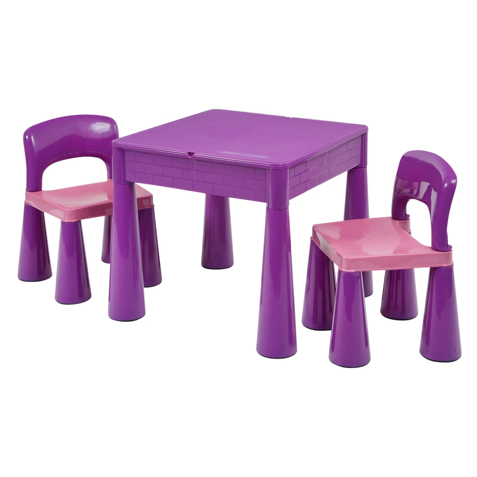 Kinder Little Helper Mehrzweck-Set aus Kunststoff für drinnen und draußen mit Tisch und 2 Stühlen | Lego-Brett | Sand- und Wasserkasten | Violett