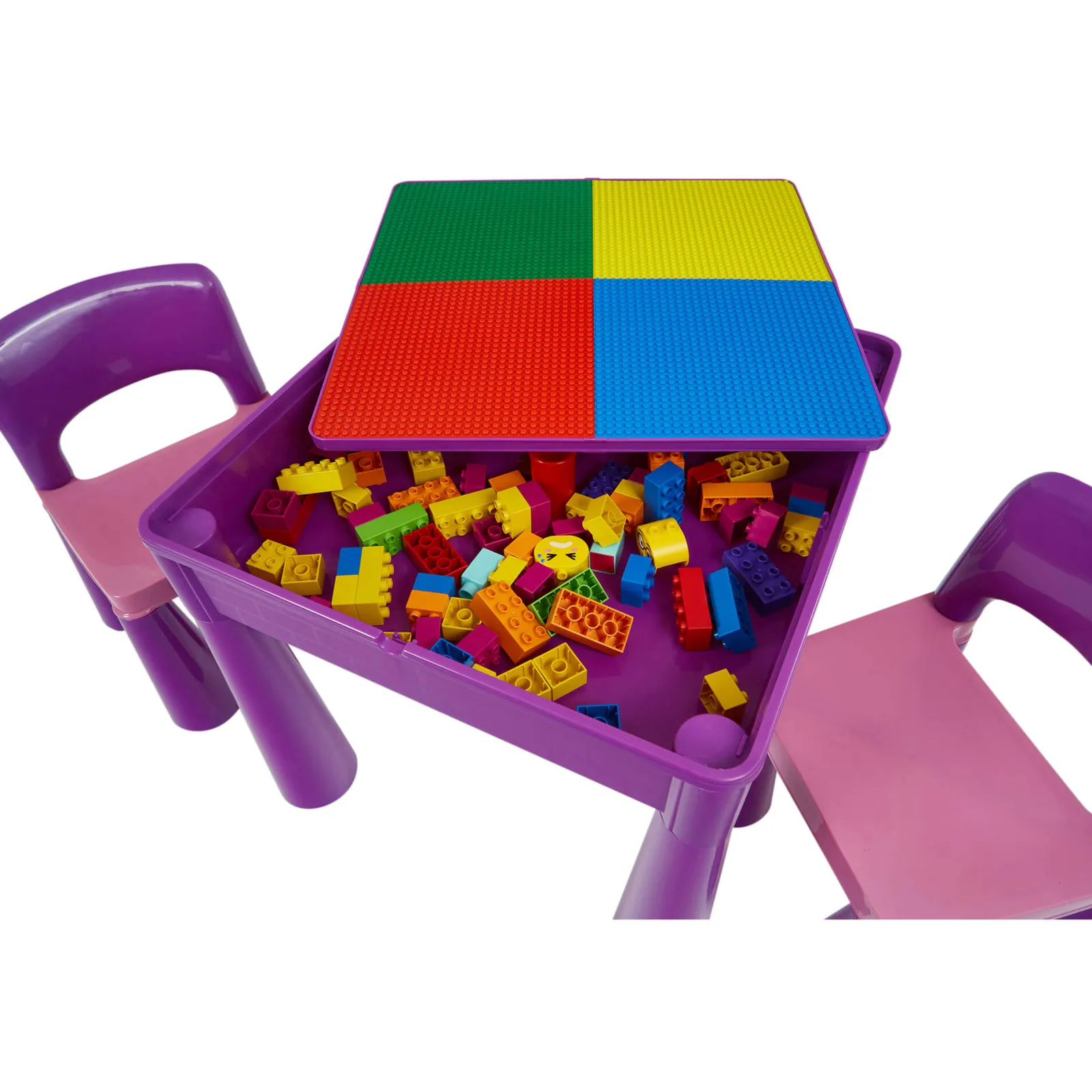 Kinder Little Helper Mehrzweck-Set aus Kunststoff für drinnen und draußen mit Tisch und 2 Stühlen | Lego-Brett | Sand- und Wasserkasten | Violett