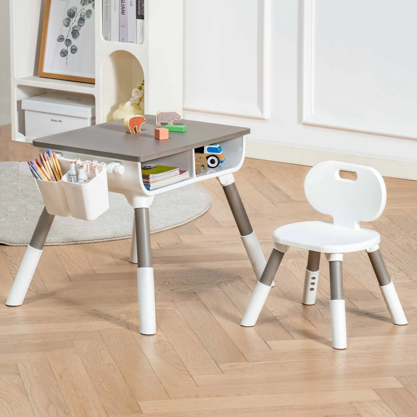 Kinder Little Helper Mitwachsender, höhenverstellbarer Montessori-Kindertisch und -stuhl im skandinavischen Design | Weiß und Grau | 2–8 Jahre