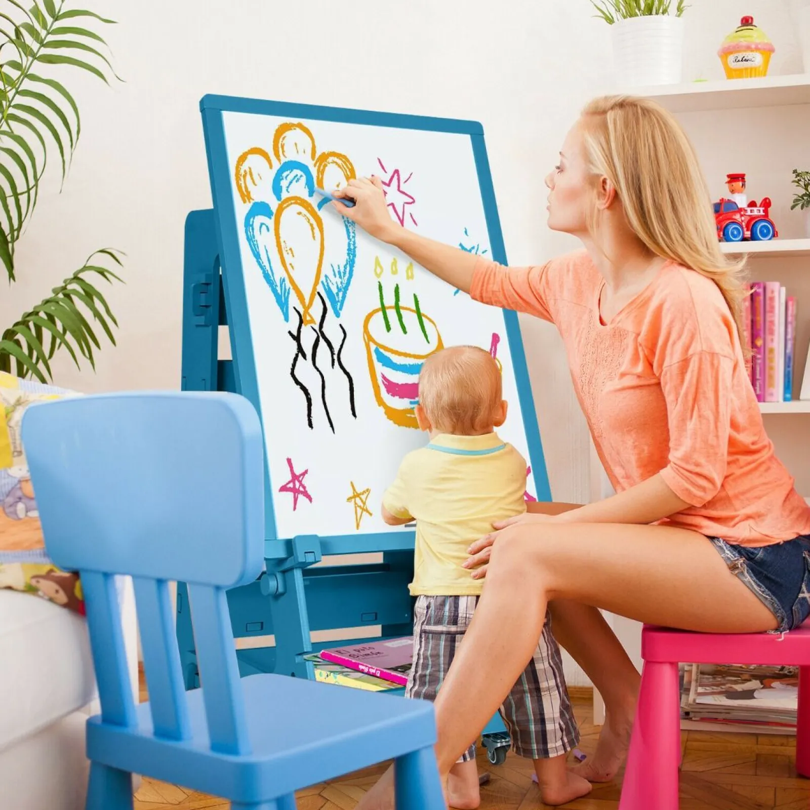 Kinder Little Helper Mobile Montessori-Staffelei aus Holz mit Höhenverstellung | Magnetisches Whiteboard | Magnete | Aufbewahrung | Ab 3 Jahren