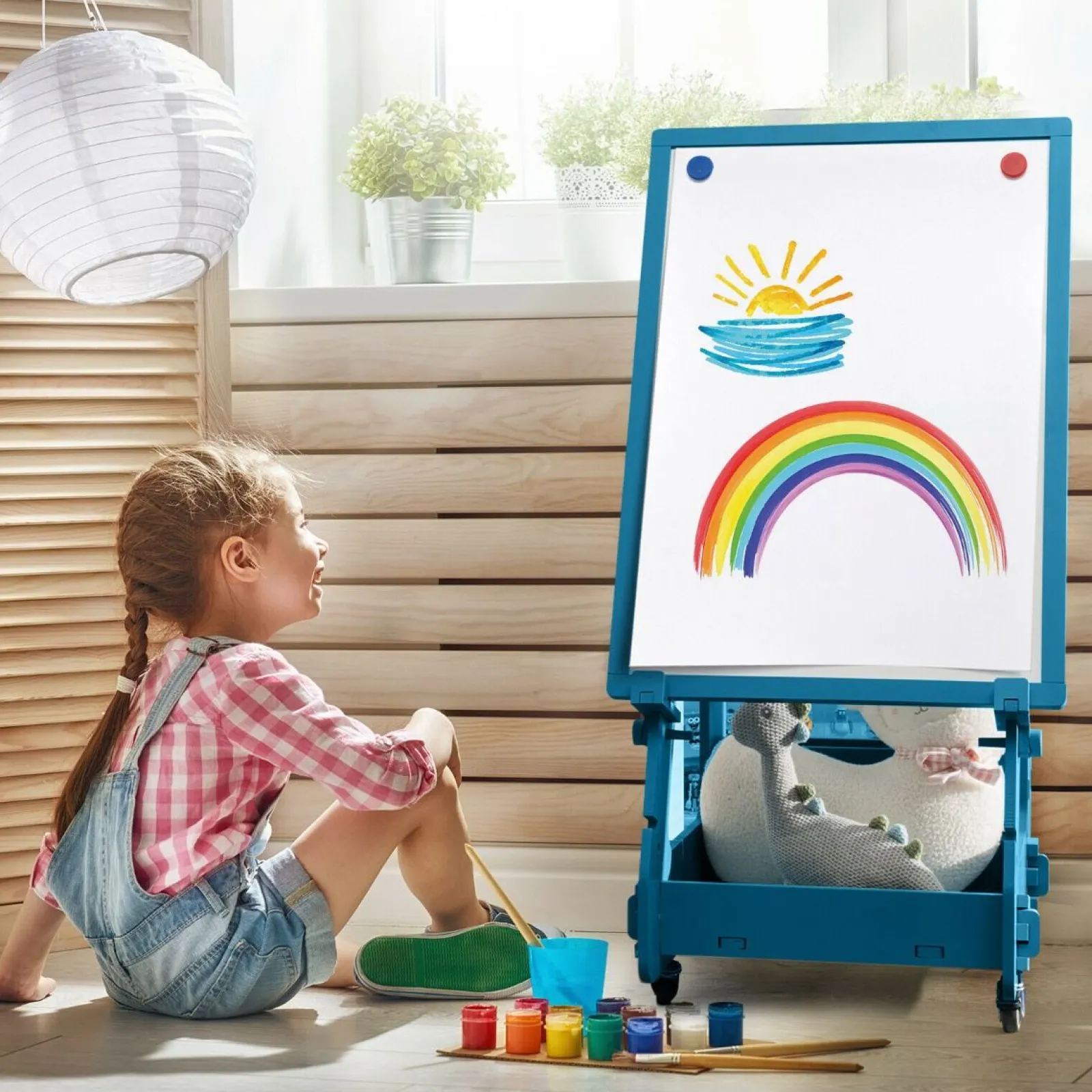Kinder Little Helper Mobile Montessori-Staffelei aus Holz mit Höhenverstellung | Magnetisches Whiteboard | Magnete | Aufbewahrung | Ab 3 Jahren