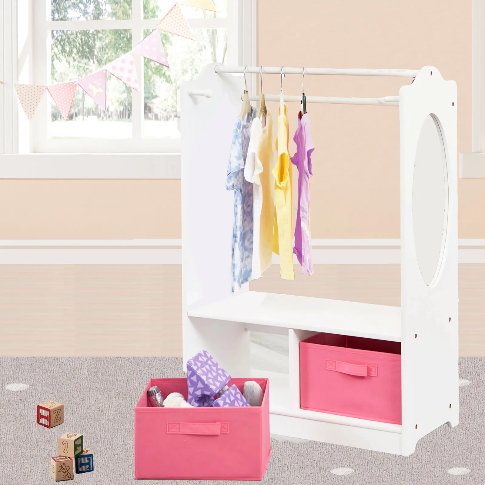 Kinder Little Helper Moderne Montessori-Kinderkleiderstange aus Holz mit Aufbewahrung und Spiegel | 90 cm hoch | Weiß und Rosa