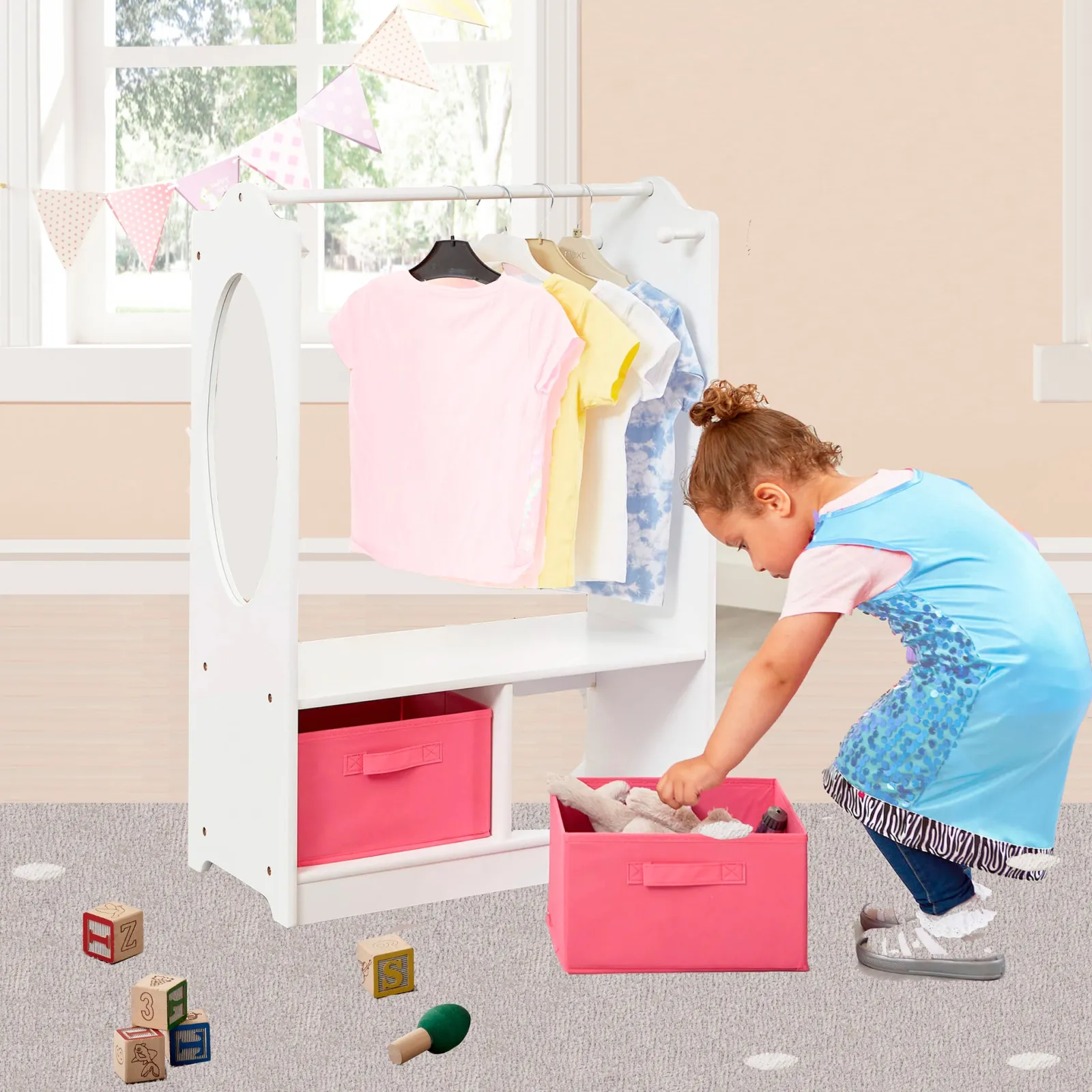 Kinder Little Helper Moderne Montessori-Kinderkleiderstange aus Holz mit Aufbewahrung und Spiegel | 90 cm hoch | Weiß und Rosa