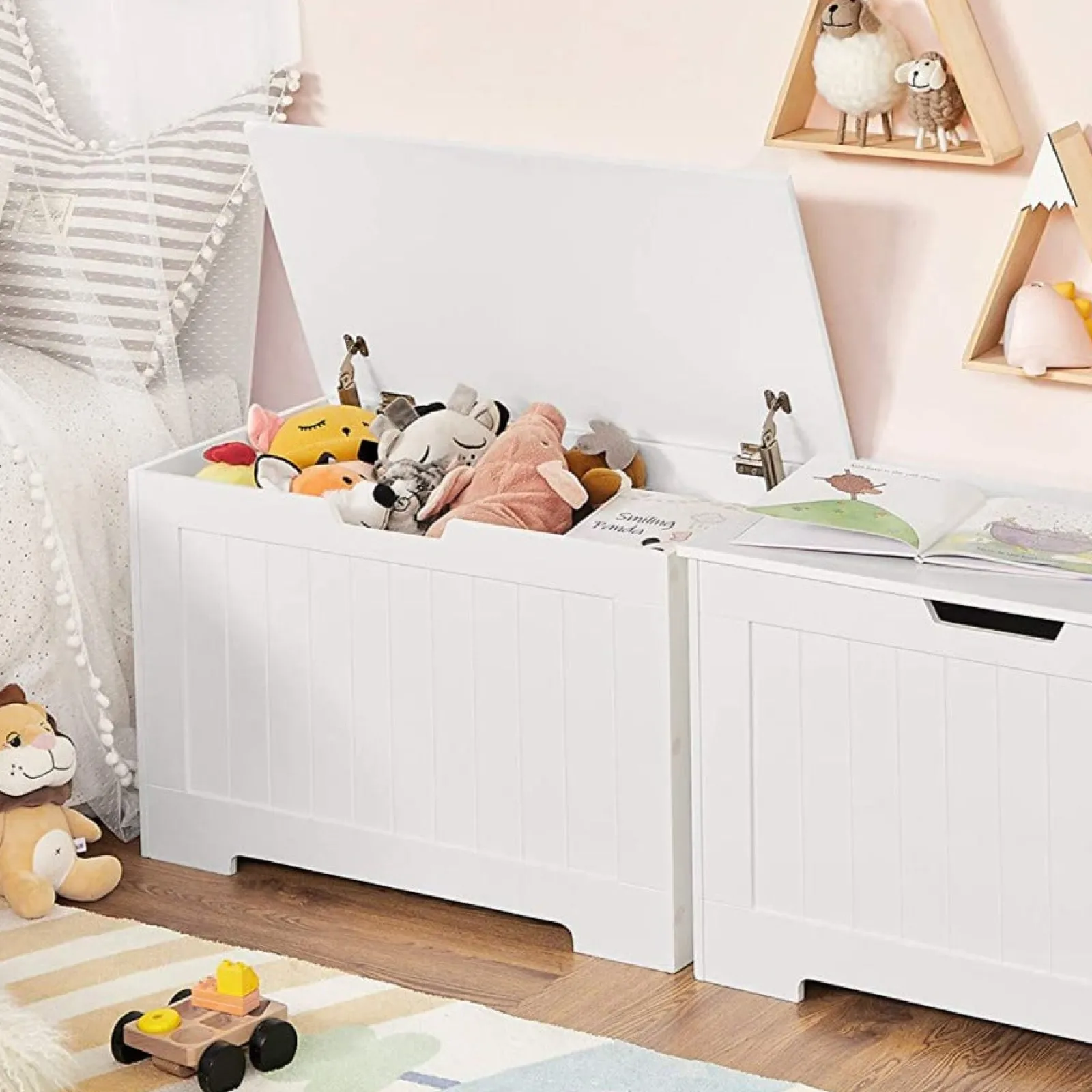 Kinder Little Helper Moderne Spielzeugkiste aus Holz für Kinder mit langsam öffnenden Scharnieren | Ottomane | Deckenbox | Weiß