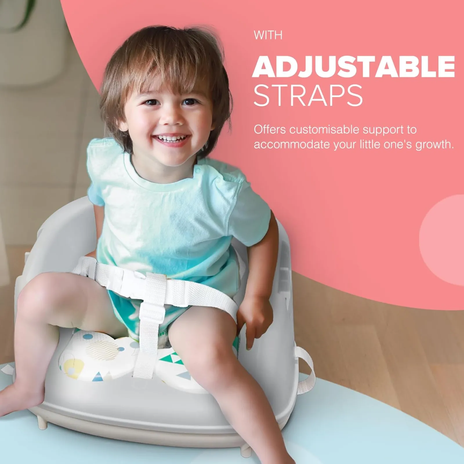 Kinder Little Helper Moderner Esszimmerstuhl mit Sitzerhöhung | Tragbarer Hochstuhl | Sitzerhöhungskissen | Grau & Weiß | 3m+