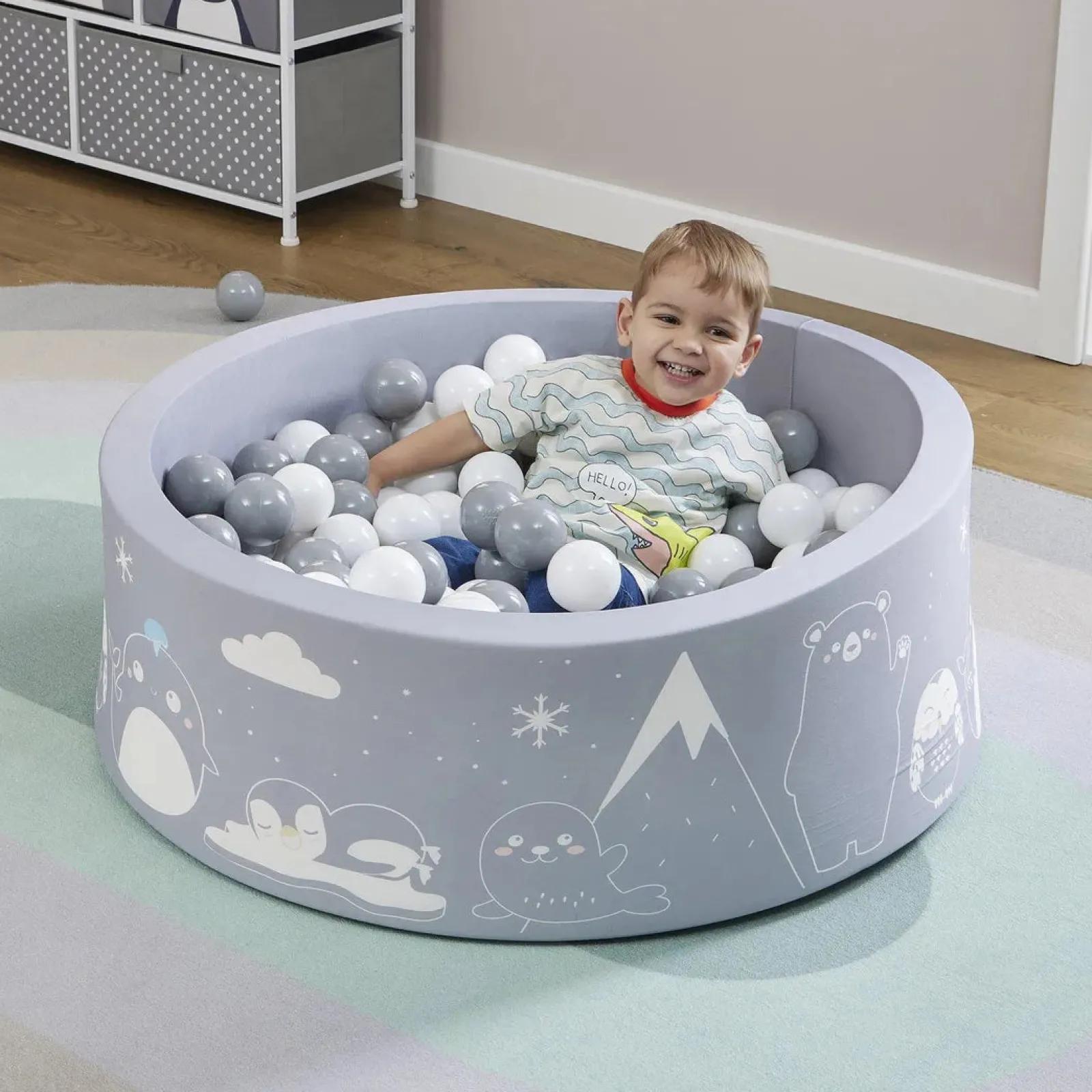 Kinder Little Helper Montessori Ballgrube | Bällebad | Dicke Innenbodenmatte | 200 KOSTENLOSE Bälle | 90 x 90 x 30 cm | Grau