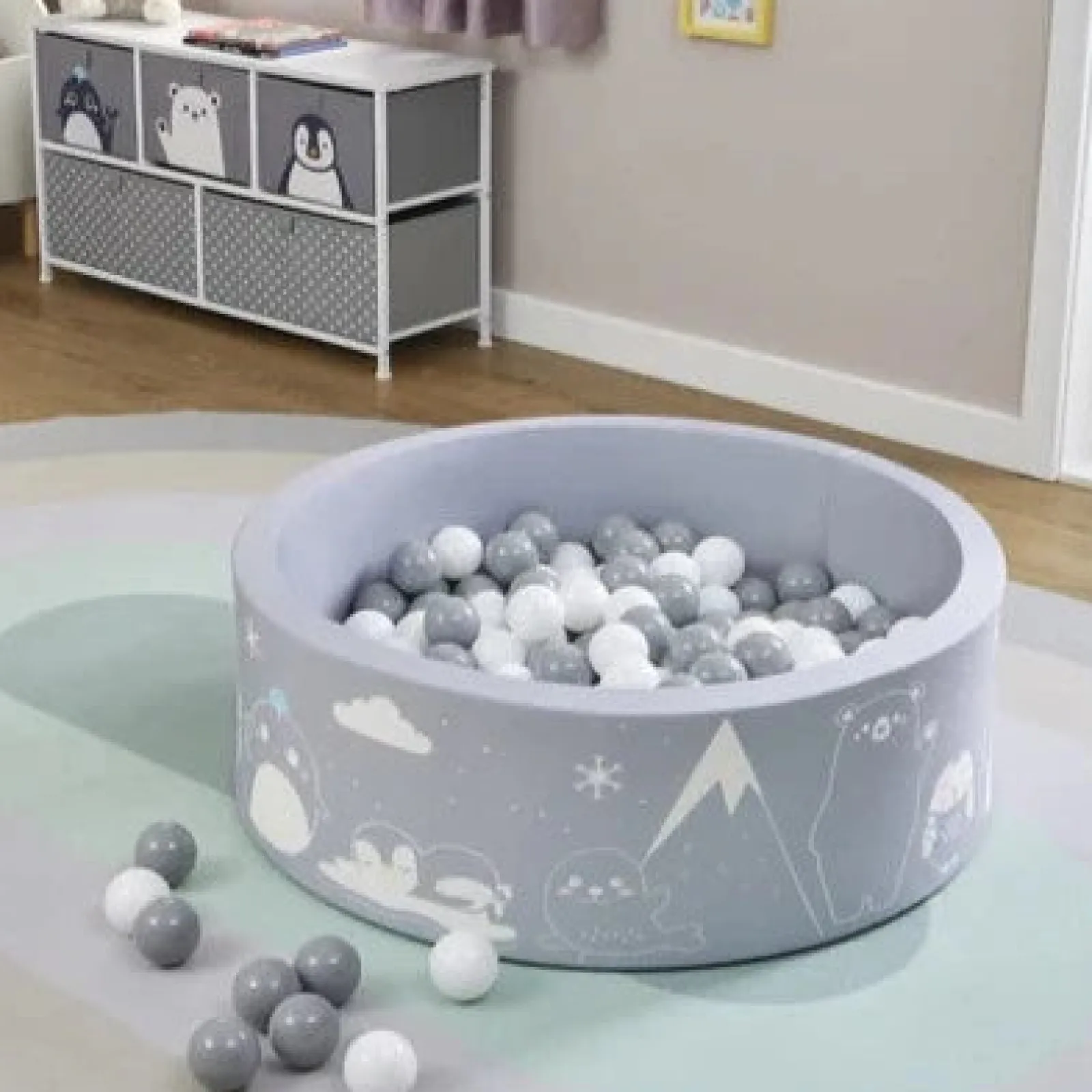 Kinder Little Helper Montessori Ballgrube | Bällebad | Dicke Innenbodenmatte | 200 KOSTENLOSE Bälle | 90 x 90 x 30 cm | Grau