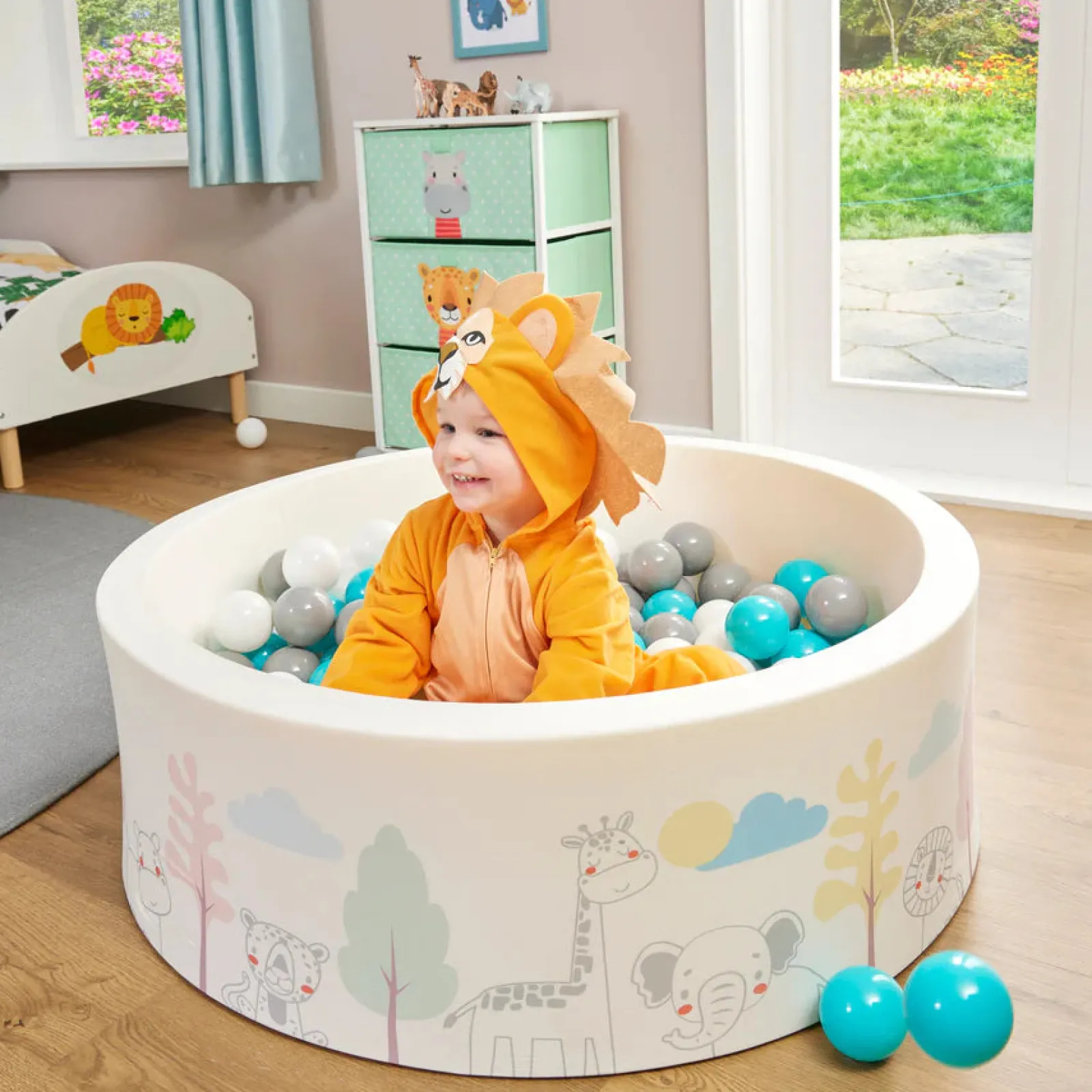 Kinder Little Helper Montessori Ballgrube | Bällebad | Dicke Innenbodenmatte | 200 KOSTENLOSE Bälle | 90 x 90 x 30 cm | Safaritiere
