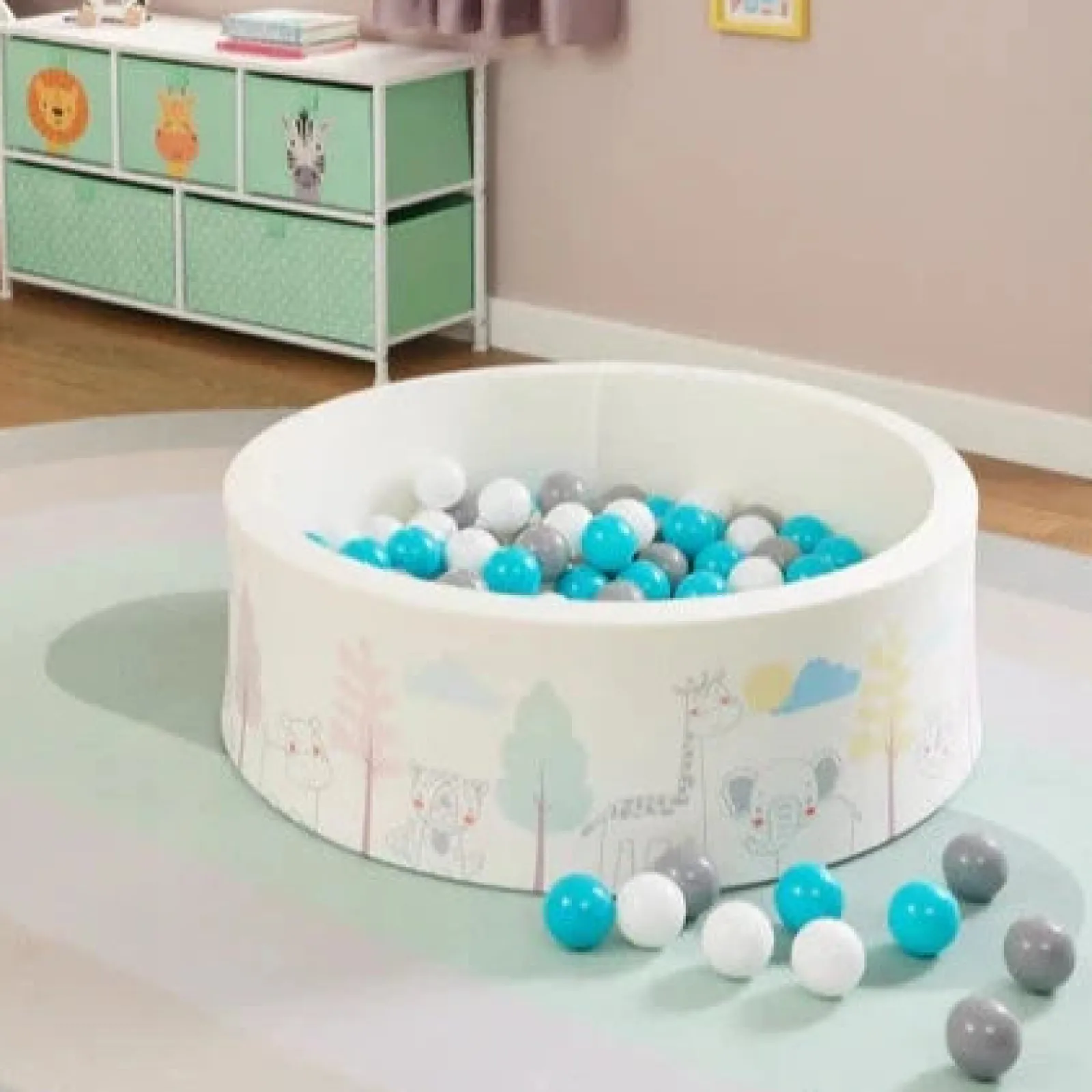 Kinder Little Helper Montessori Ballgrube | Bällebad | Dicke Innenbodenmatte | 200 KOSTENLOSE Bälle | 90 x 90 x 30 cm | Safaritiere