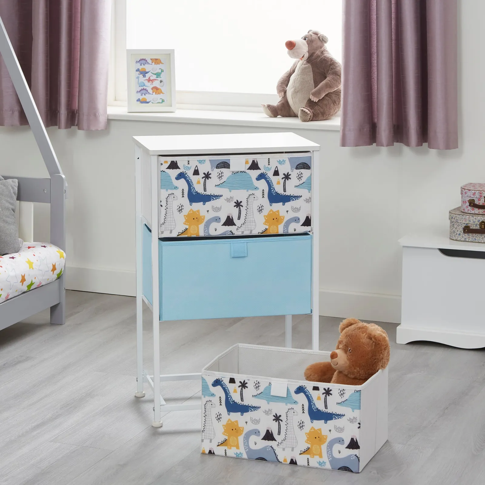 Kinder Little Helper Montessori Dinosaurier-Spielzeugaufbewahrung mit Schubladen | Nachttisch für Kinder | 73 x 45 x 30 cm