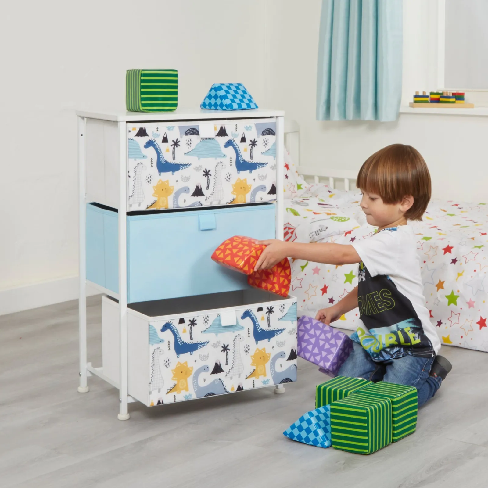 Kinder Little Helper Montessori Dinosaurier-Spielzeugaufbewahrung mit Schubladen | Nachttisch für Kinder | 73 x 45 x 30 cm