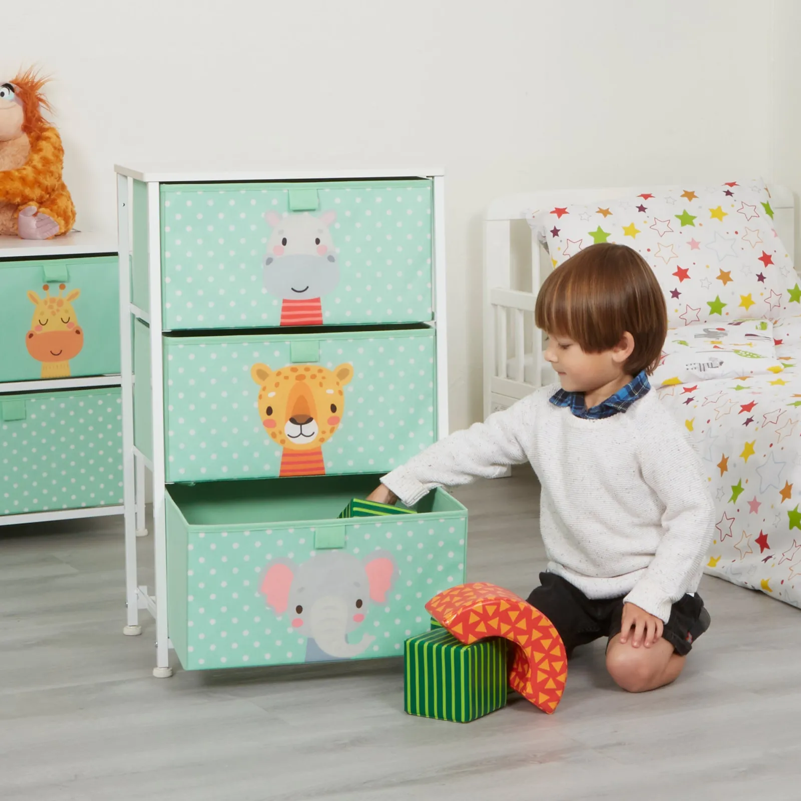 Kinder Little Helper Montessori Dschungelsafari Spielzeugaufbewahrung mit Schubladen | Nachttisch für Kinder | 73 x 45 x 30 cm